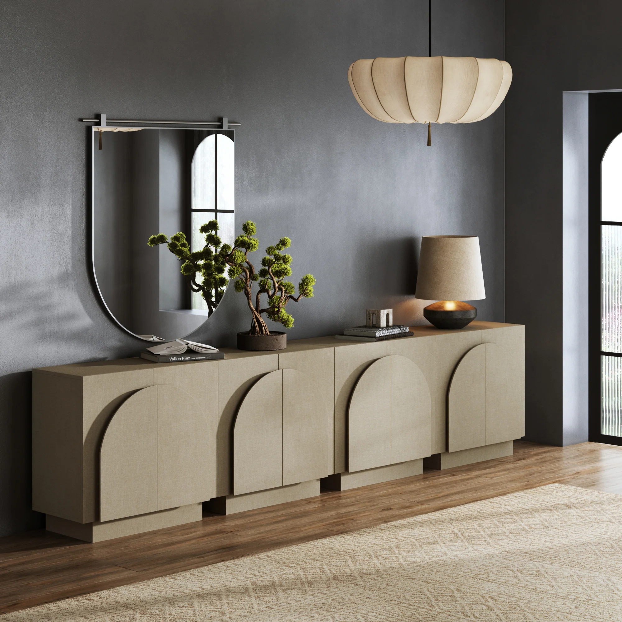 Arched TV Console Cabinet for TVs up to 100" Beige Linen - Image 2
