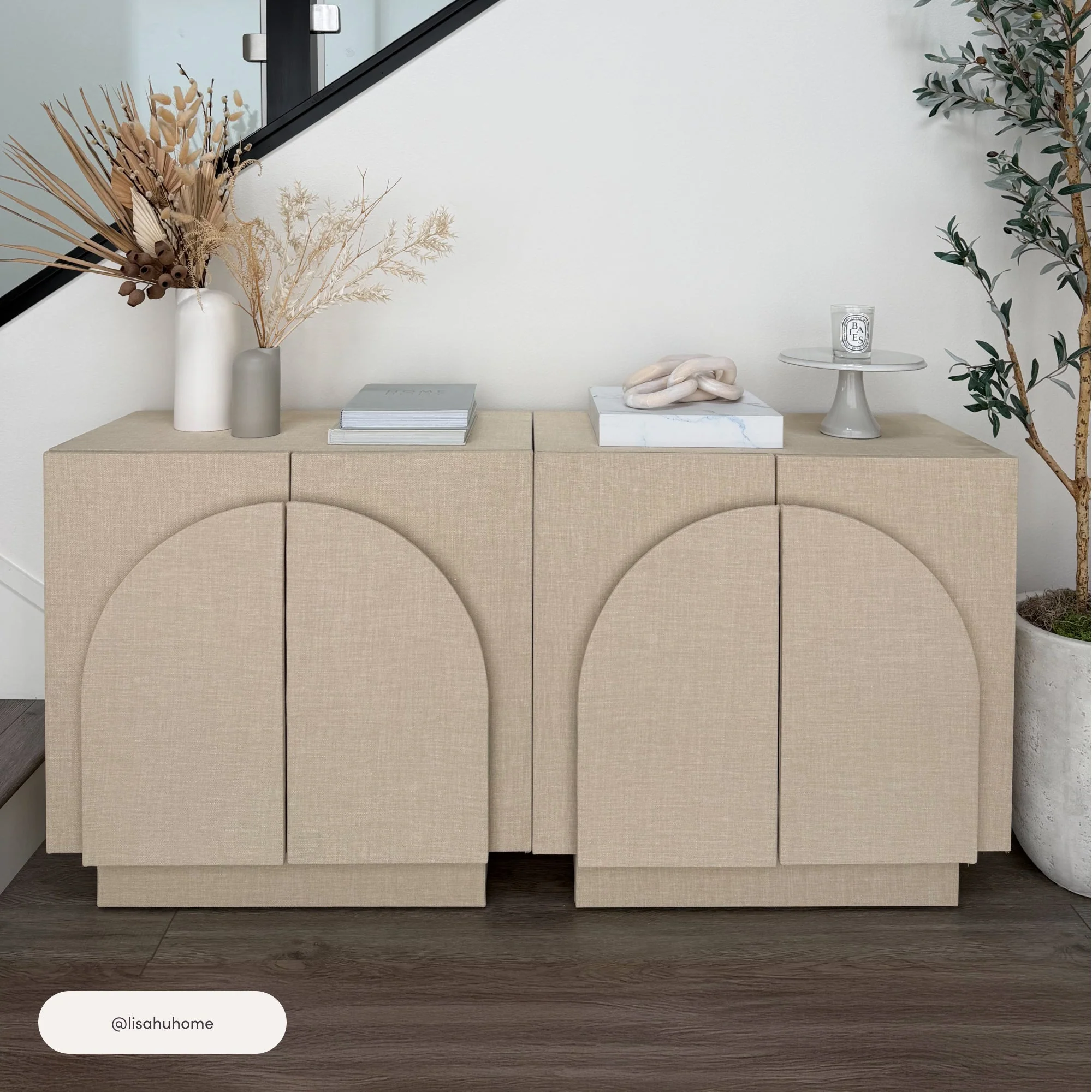 Arched TV Console Cabinet for TVs up to 100" Beige Linen - Image 3