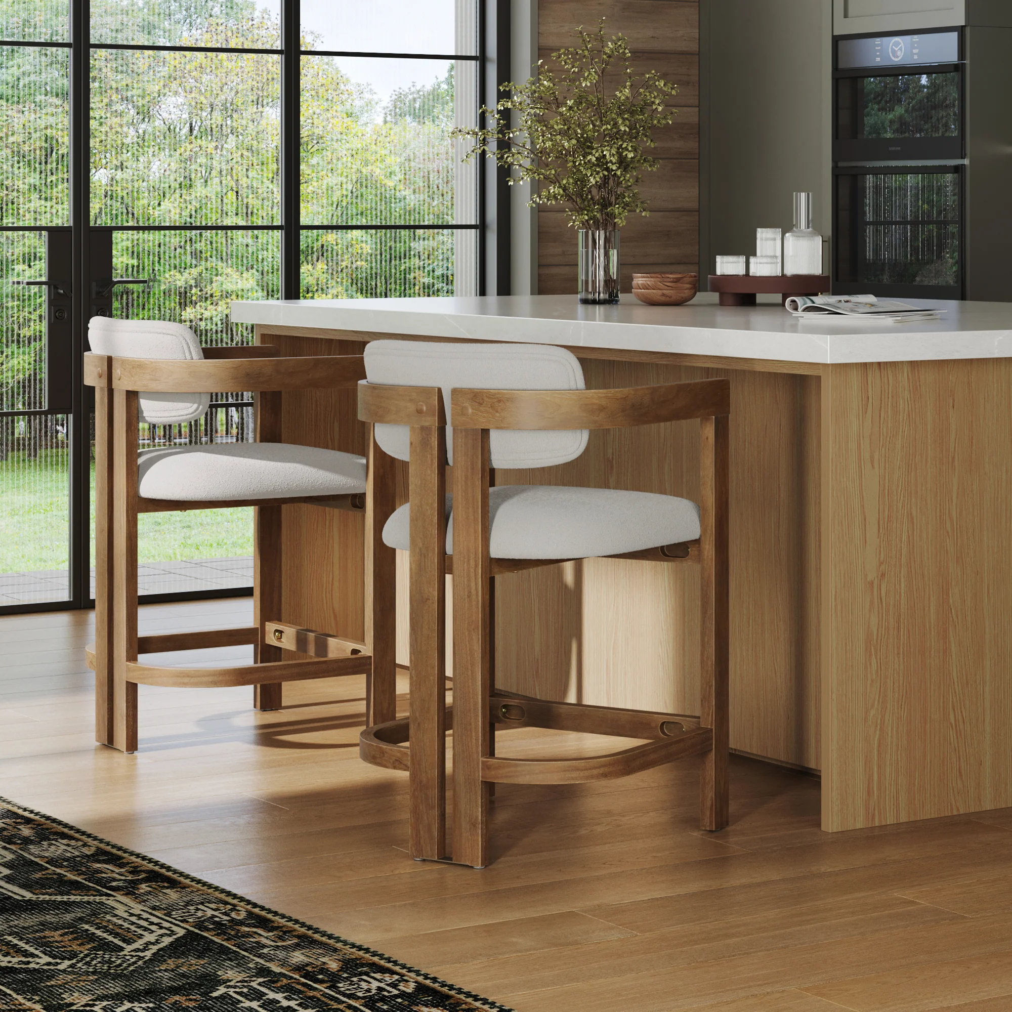 Boucle Bar Stool with Barrel Back and Arm Light Brown - Image 3