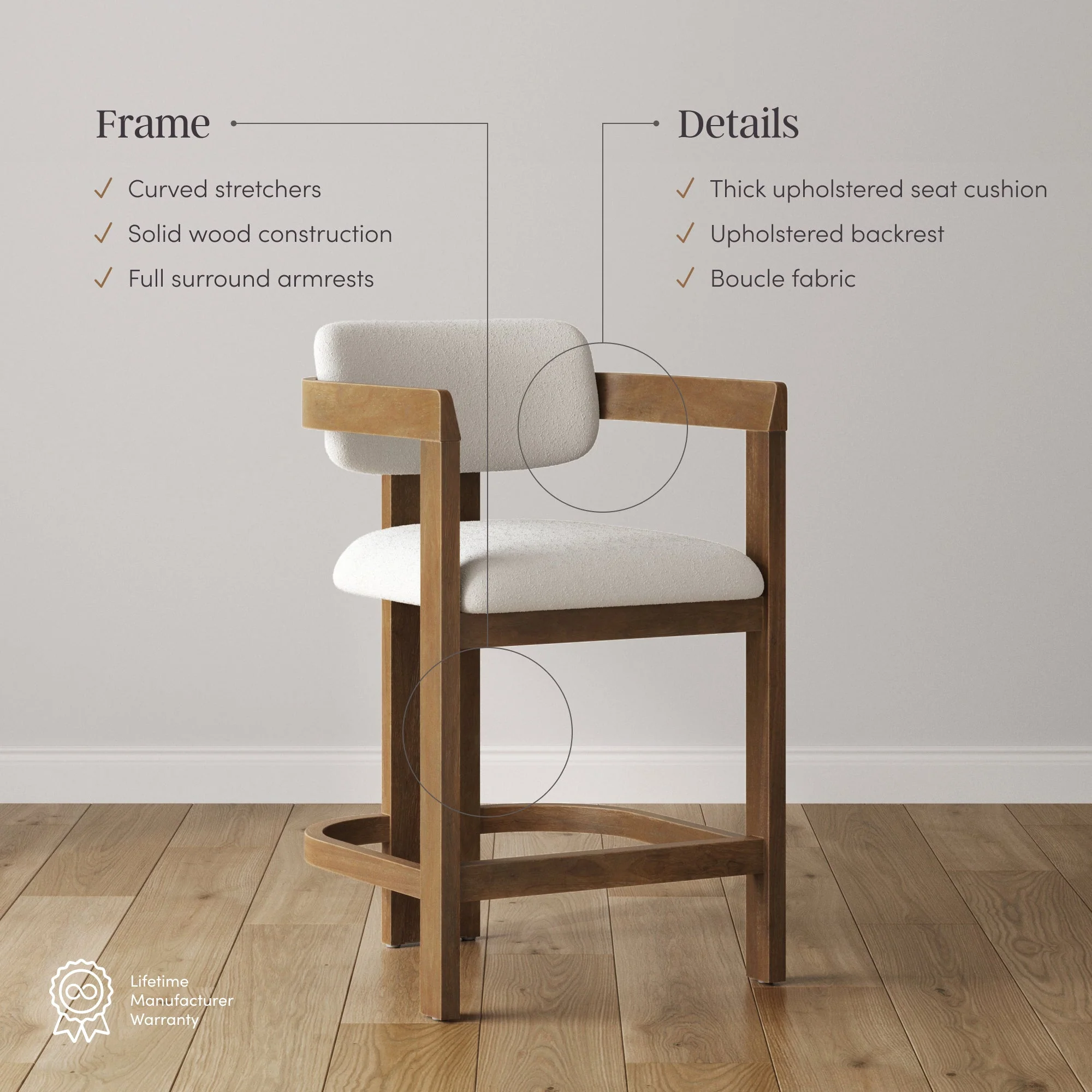 Boucle Bar Stool with Barrel Back and Arm Light Brown - Image 6