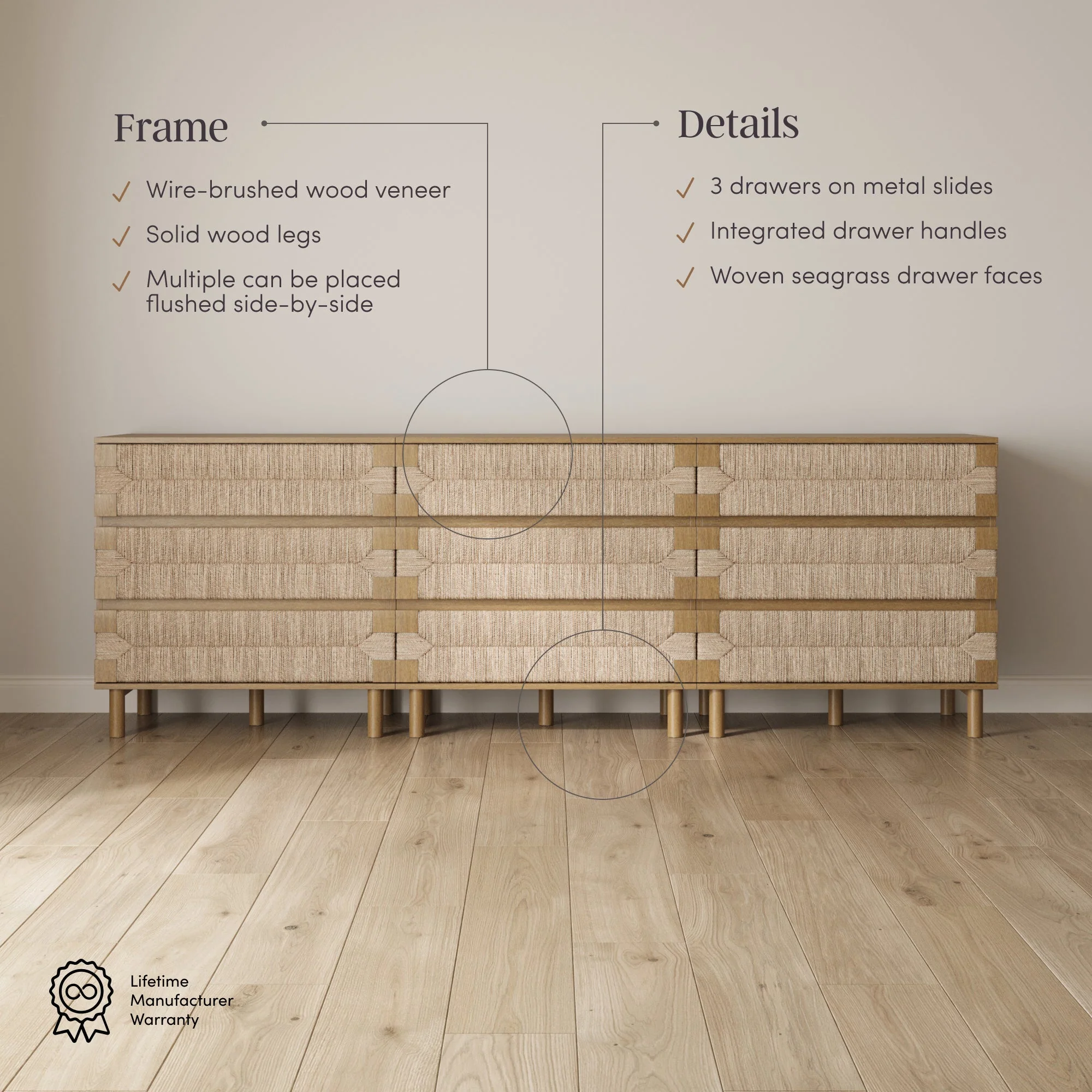 Boho Seagrass 3-Drawer Dresser Light Brown (Set of 3) - Image 3