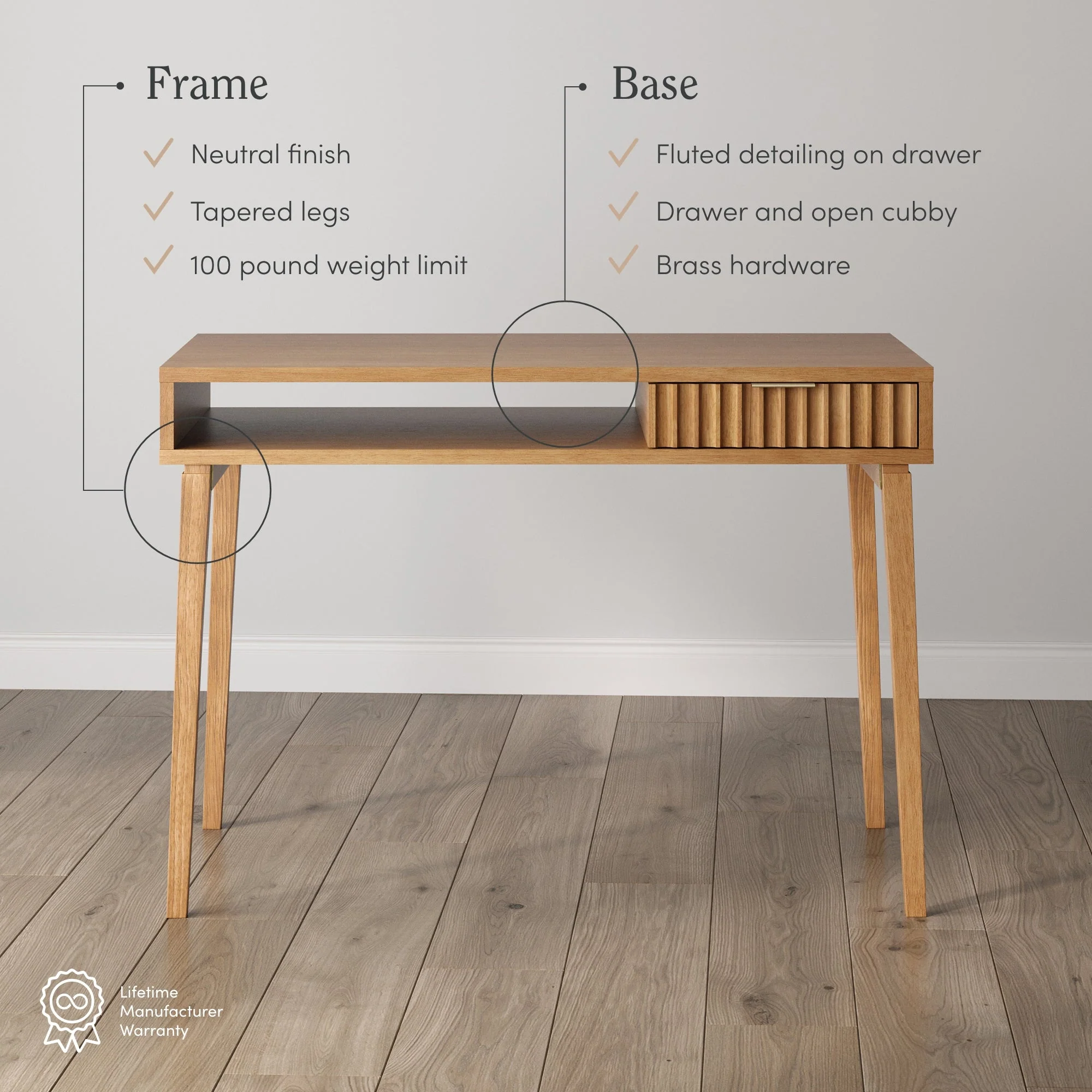 Mid-Century Modern Fluted Desk with Drawer - Image 3