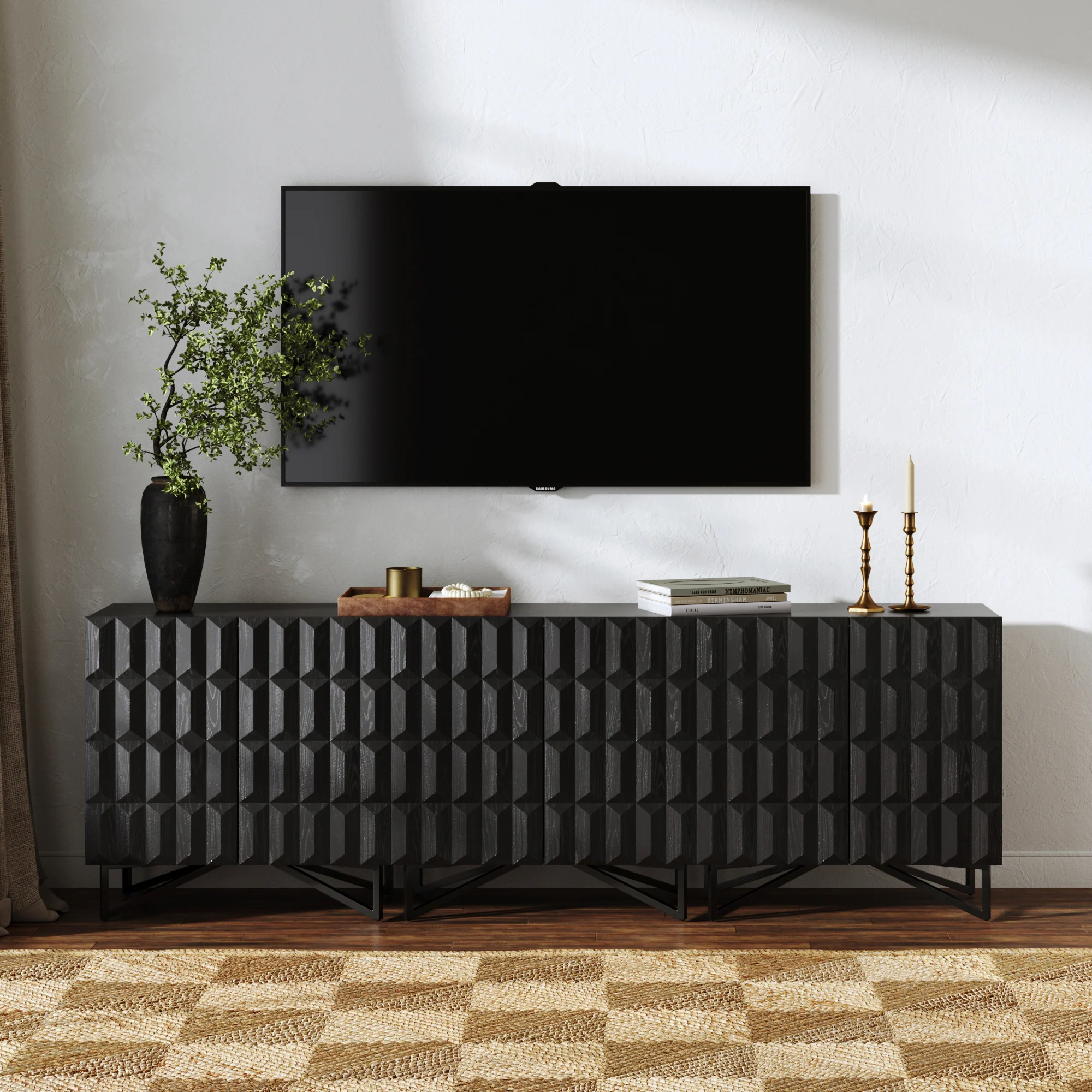 Modern TV Console with Textured Front for TVs up to 75"  Black Oak