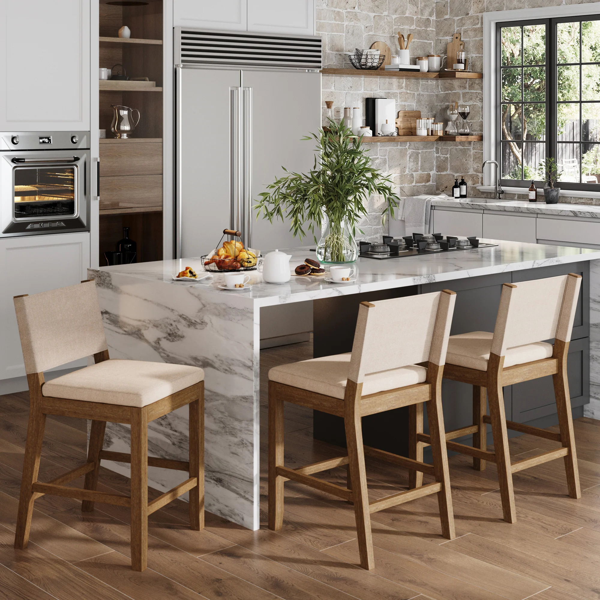 Wood Counter Height Bar Stools Light Brown Flax (Set of 3) - Image 2