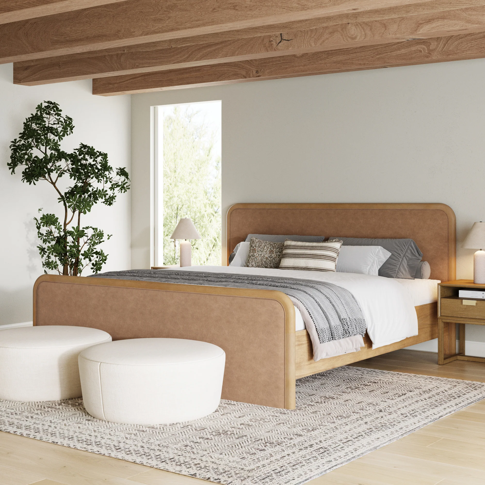 Wood Bed Frame in Light Brown Faux Leather | Size King - Image 2