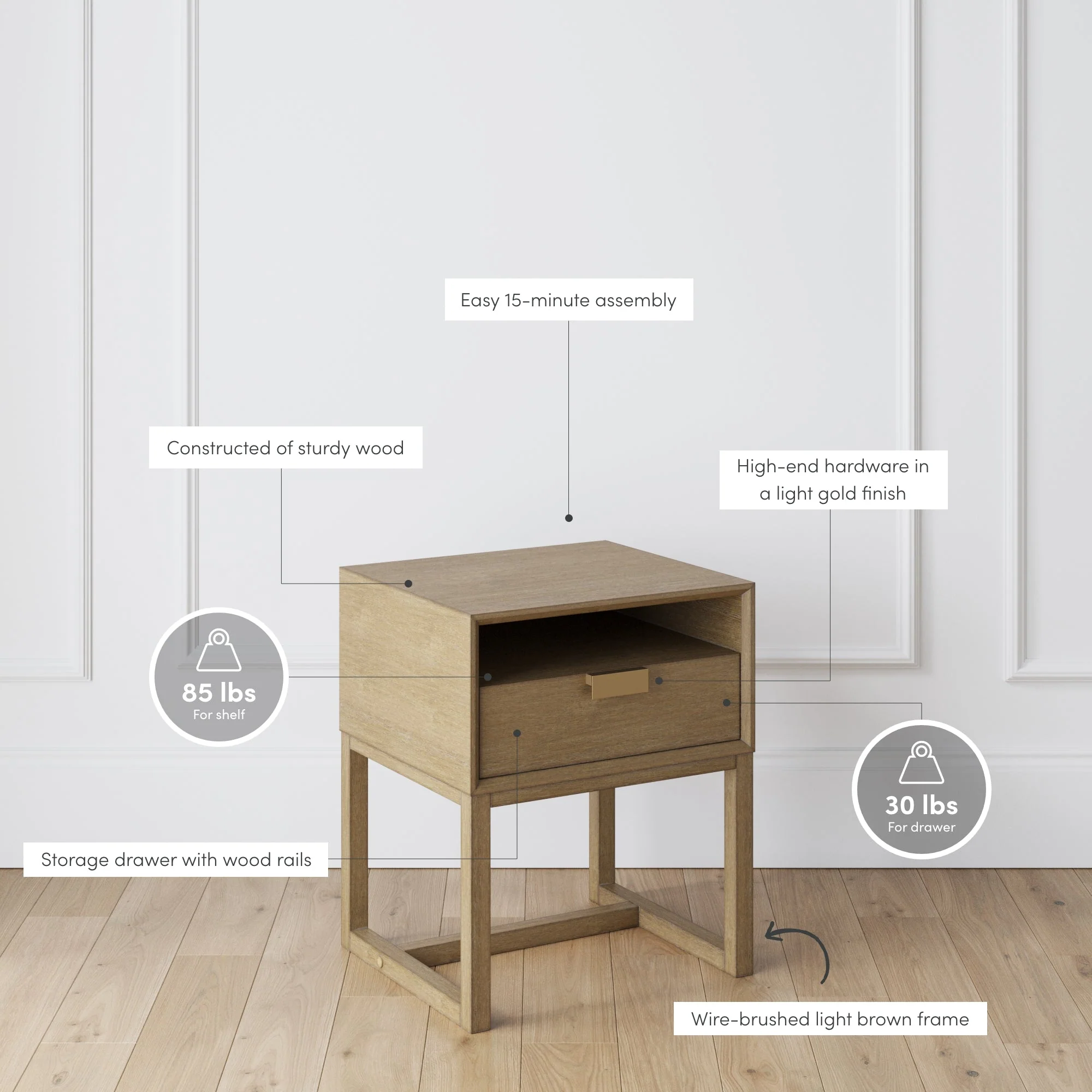 Wood Modern Farmhouse Nightstand with Drawer - Image 5