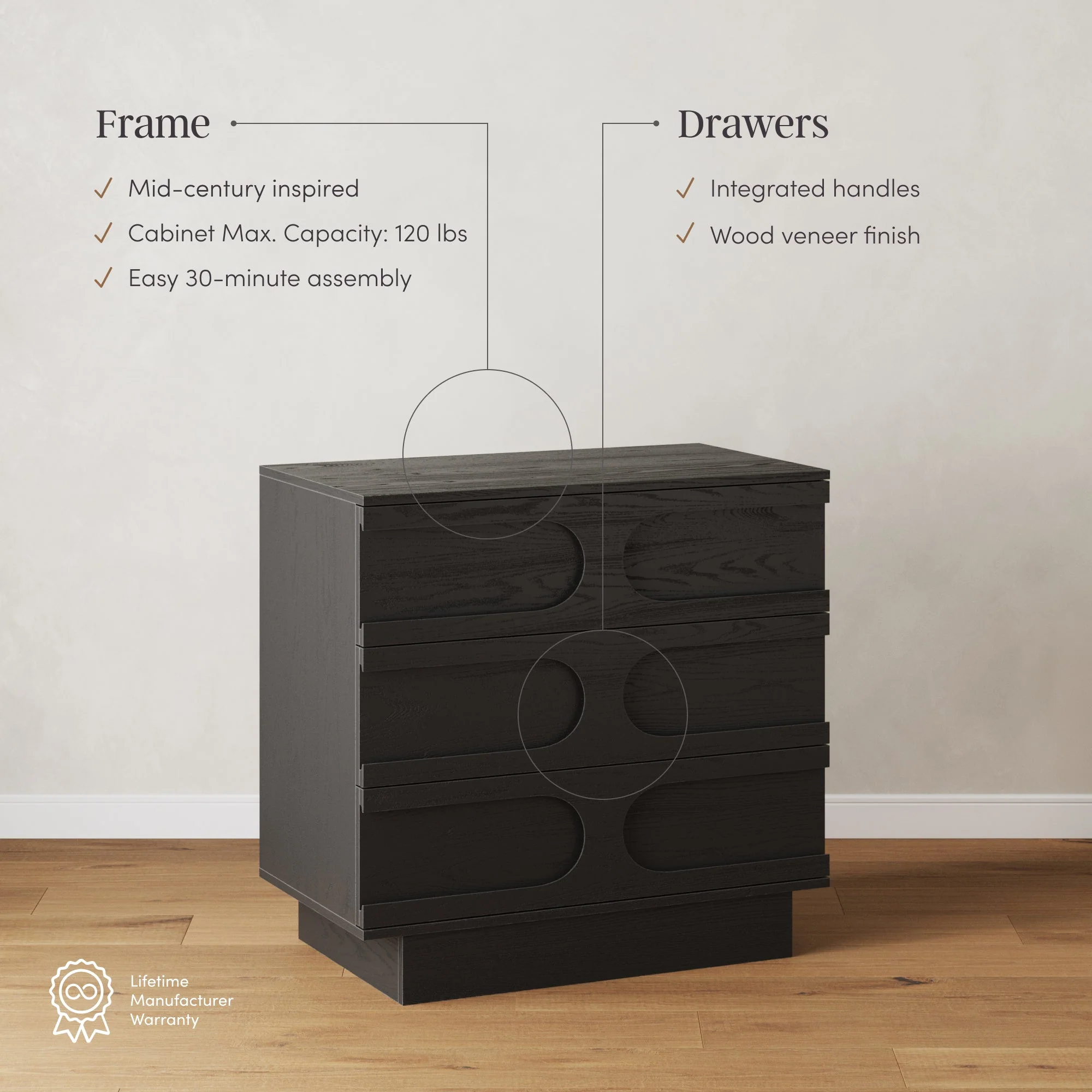 Mid-Century 3-Drawer Arched Dresser Black Oak (Set of 3) - Image 3