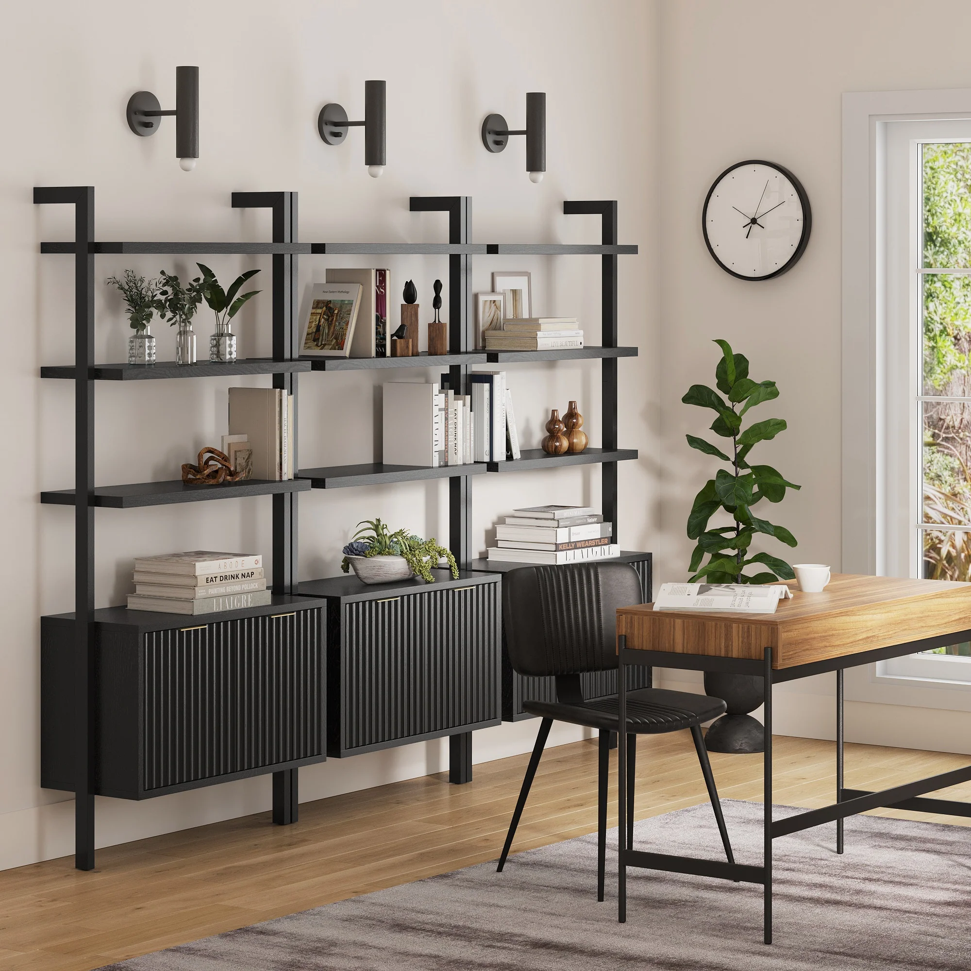Mid-Century Fluted Wall Bookshelves with Doors Black (Set of 3) - Image 2
