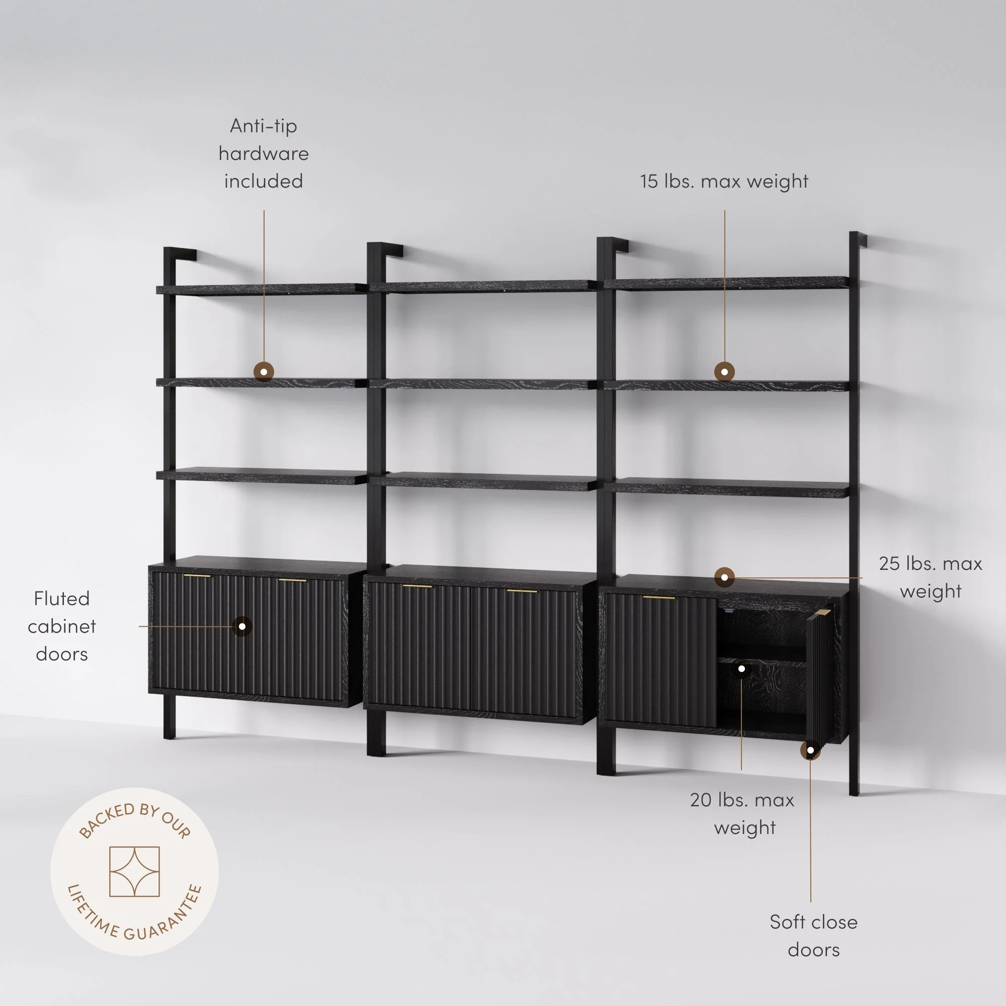 Mid-Century Fluted Wall Bookshelves with Doors Black (Set of 3) - Image 5