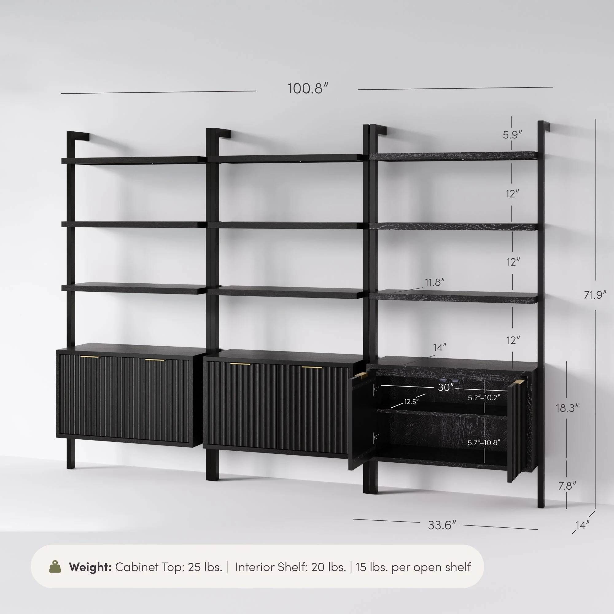 Mid-Century Fluted Wall Bookshelves with Doors Black (Set of 3) - Image 7