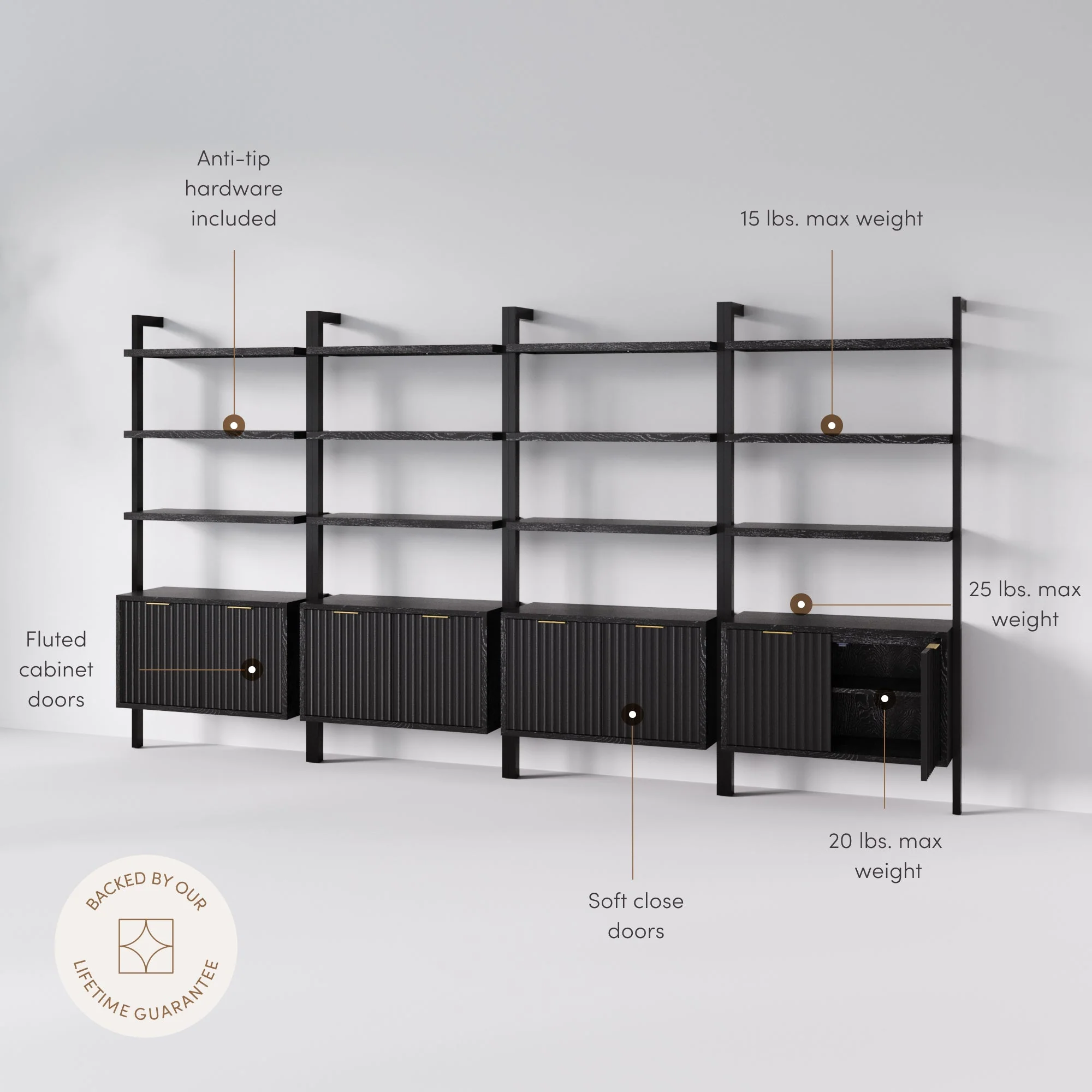 Mid-Century Fluted Wall Bookshelves with Doors Black (Set of 4) - Image 5