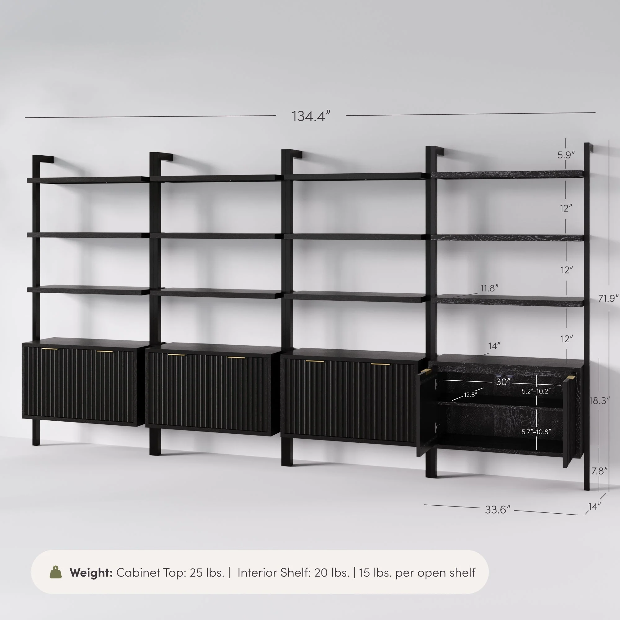 Mid-Century Fluted Wall Bookshelves with Doors Black (Set of 4) - Image 7