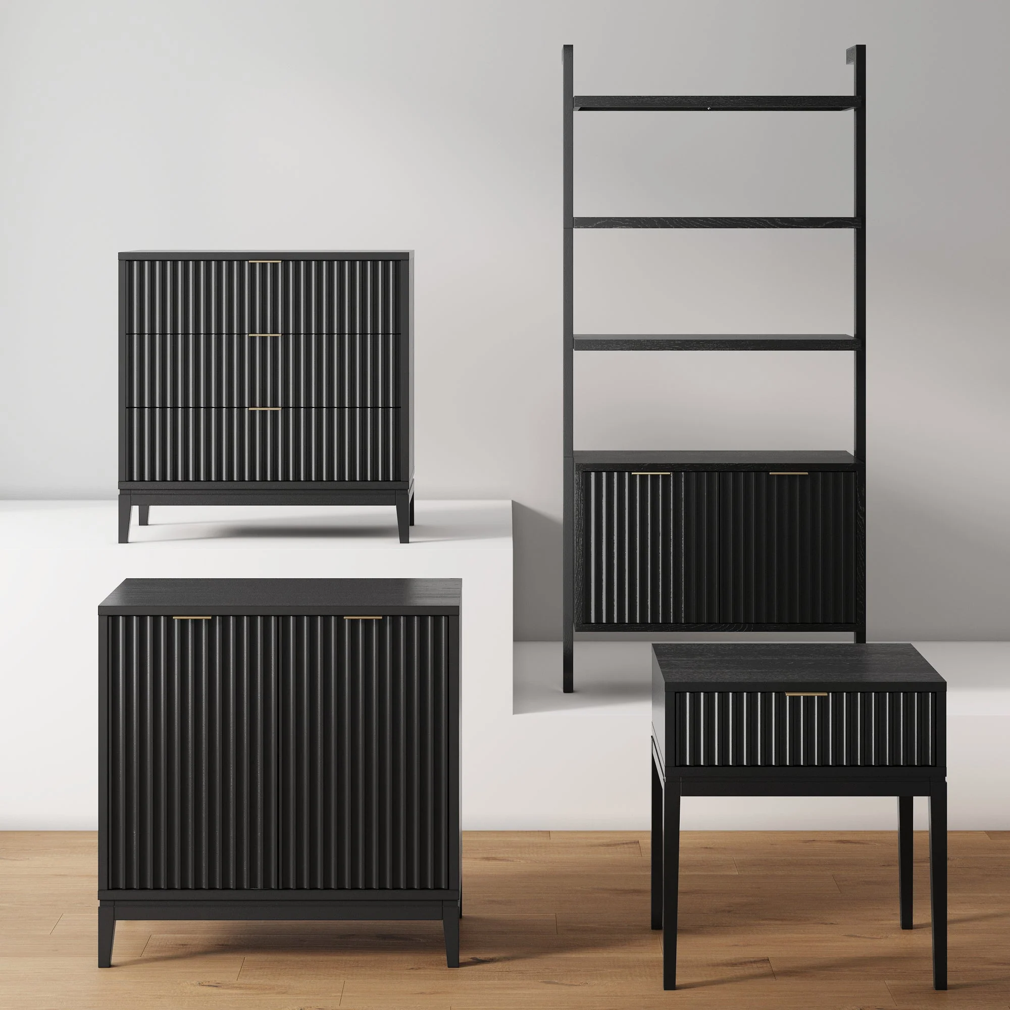 Mid-Century Fluted Wall Bookshelves with Doors Black (Set of 4) - Image 9