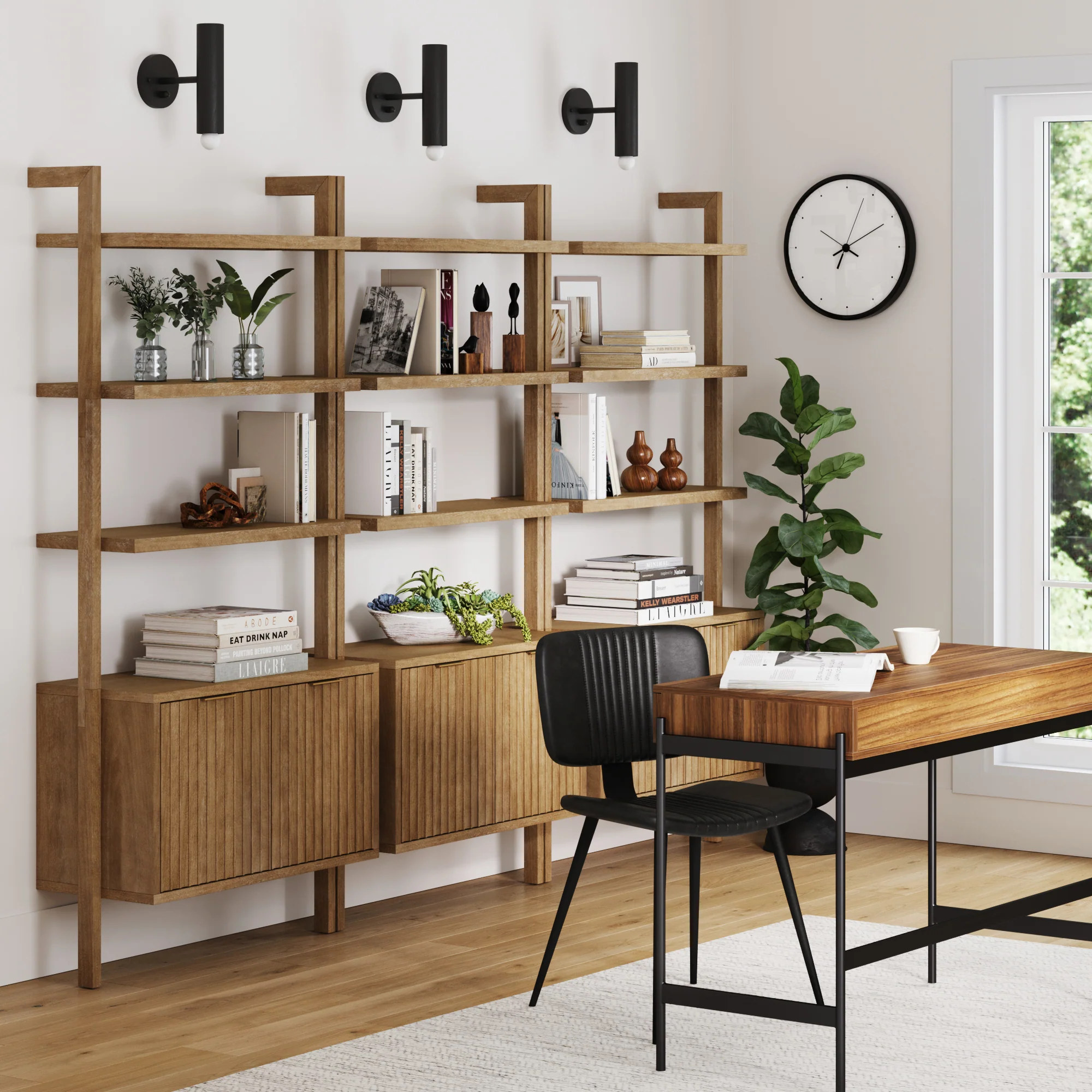 Mid-Century Fluted Wall Bookshelves with Doors Light Brown (Set of 3) - Image 2