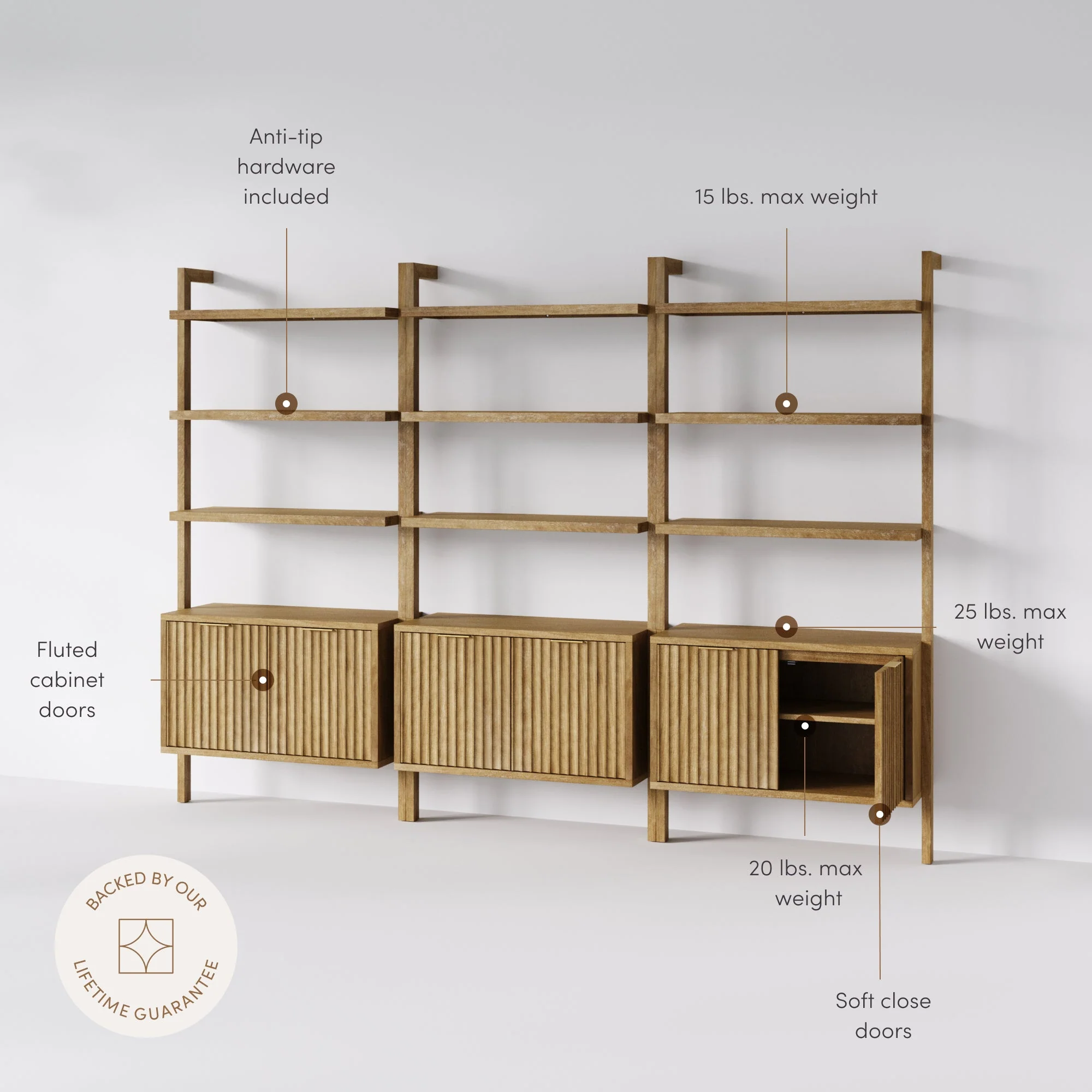 Mid-Century Fluted Wall Bookshelves with Doors Light Brown (Set of 3) - Image 4