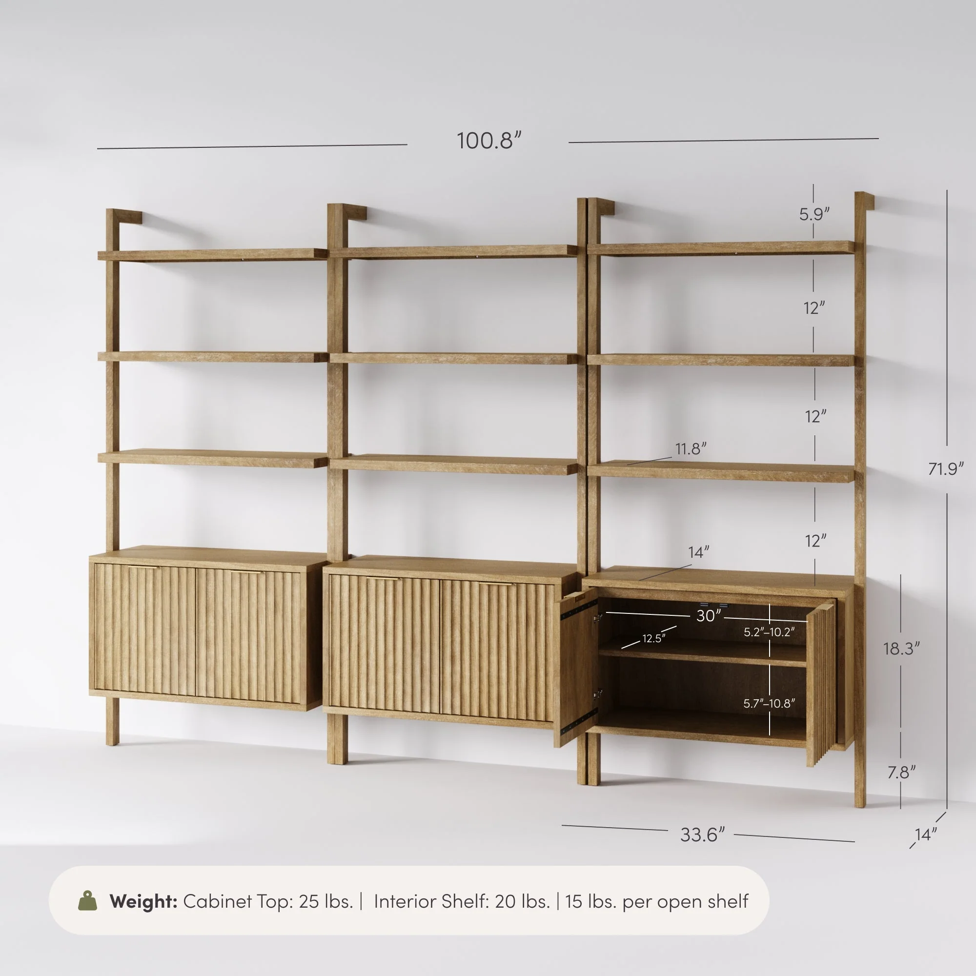 Mid-Century Fluted Wall Bookshelves with Doors Light Brown (Set of 3) - Image 6