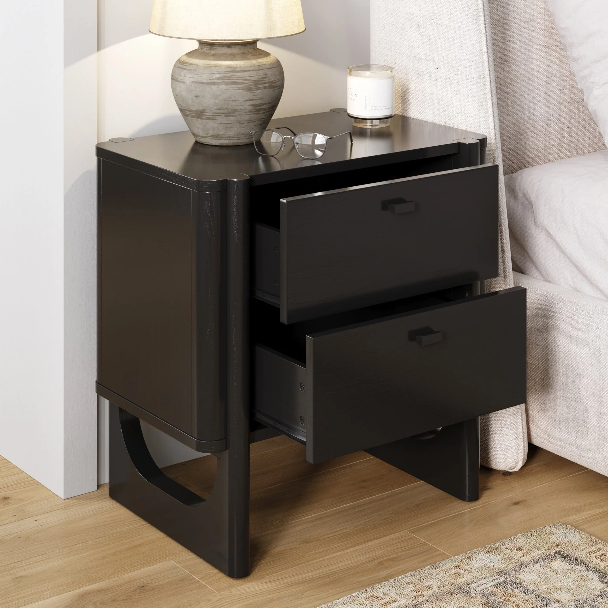 Mid Century Modern 2-Drawer Solid Wood Nightstand Black - Image 4