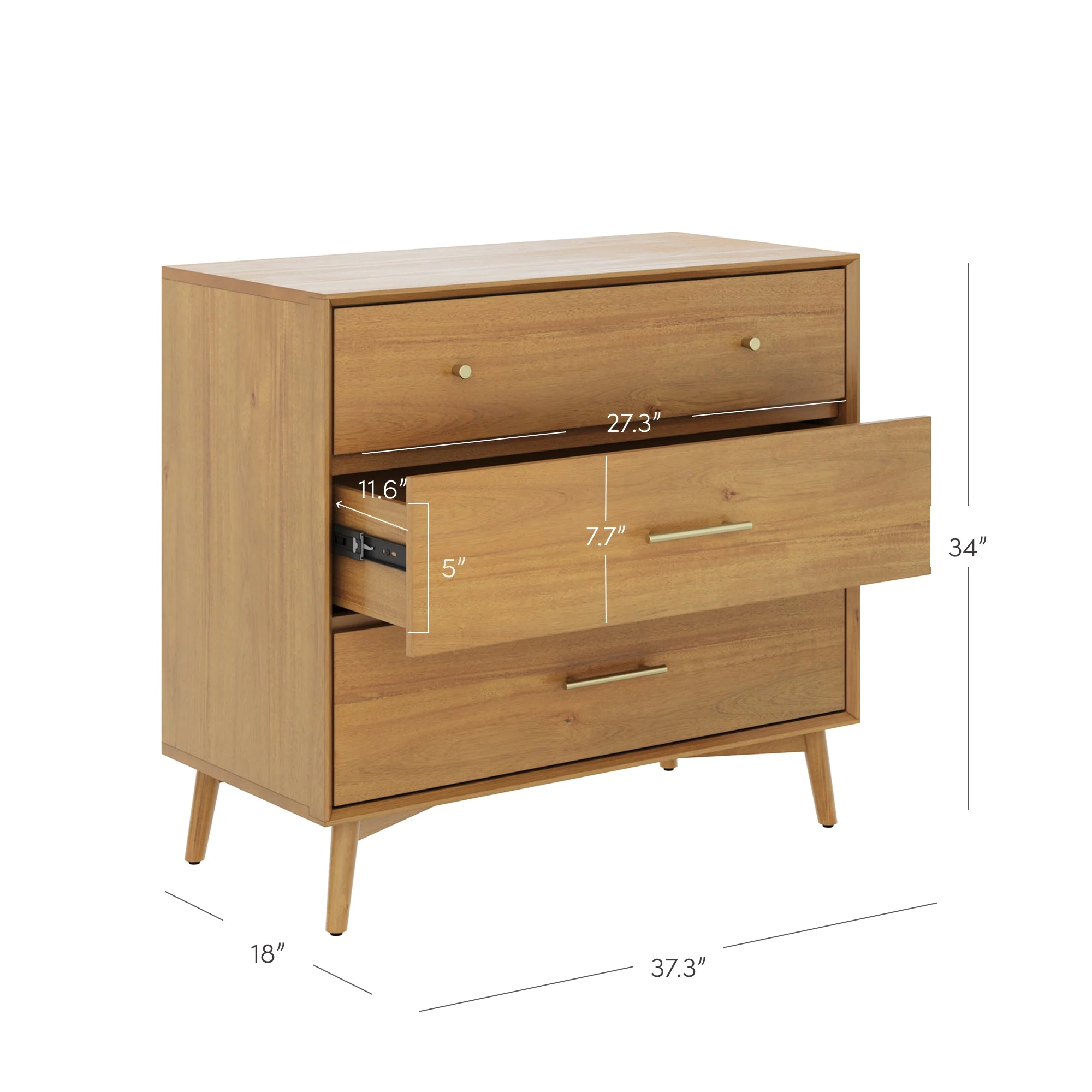 Mid-Century Modern Acacia 3 Drawer Dresser Set of 3 - Image 5