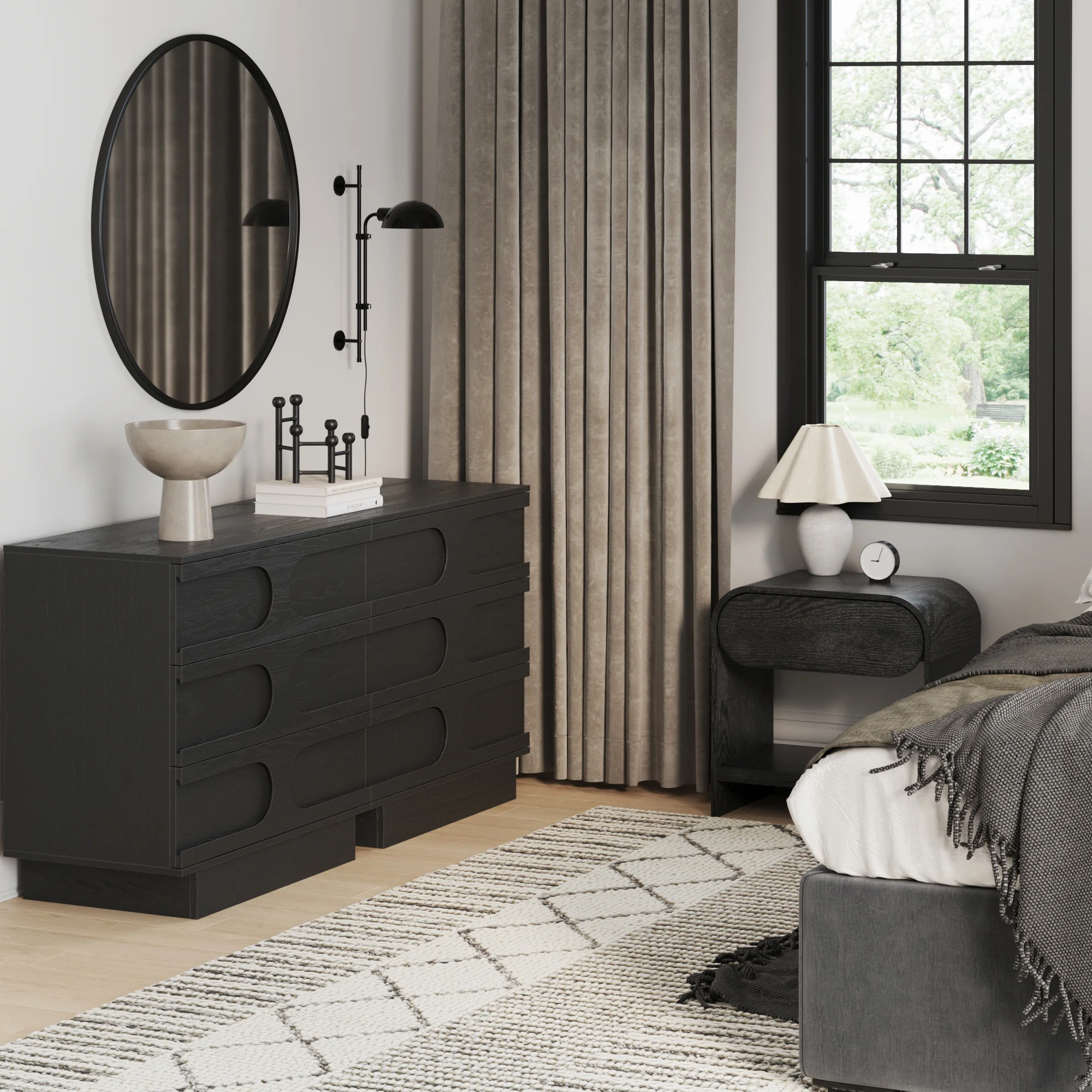 Mid-Century Two Arched Dressers and Nightstands Set Black Oak - Image 2