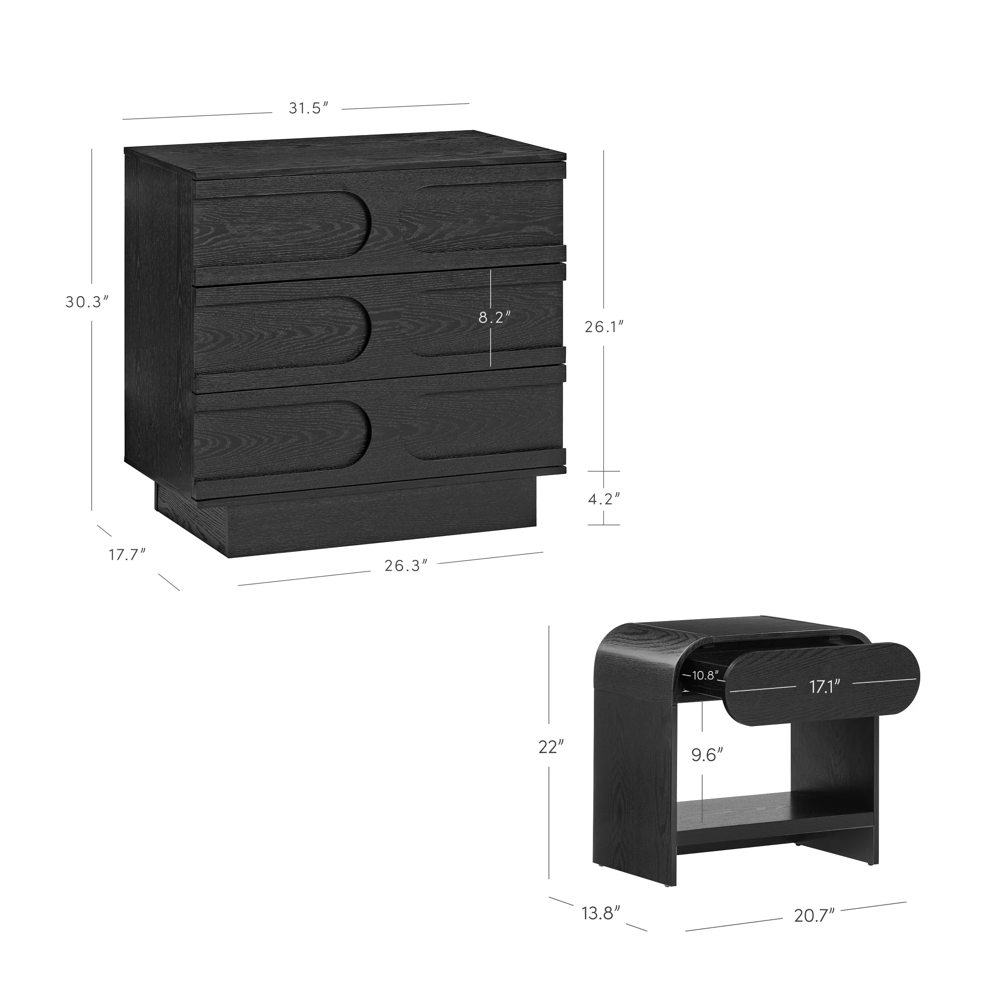 Mid-Century Two Arched Dressers and Nightstands Set Black Oak - Image 4