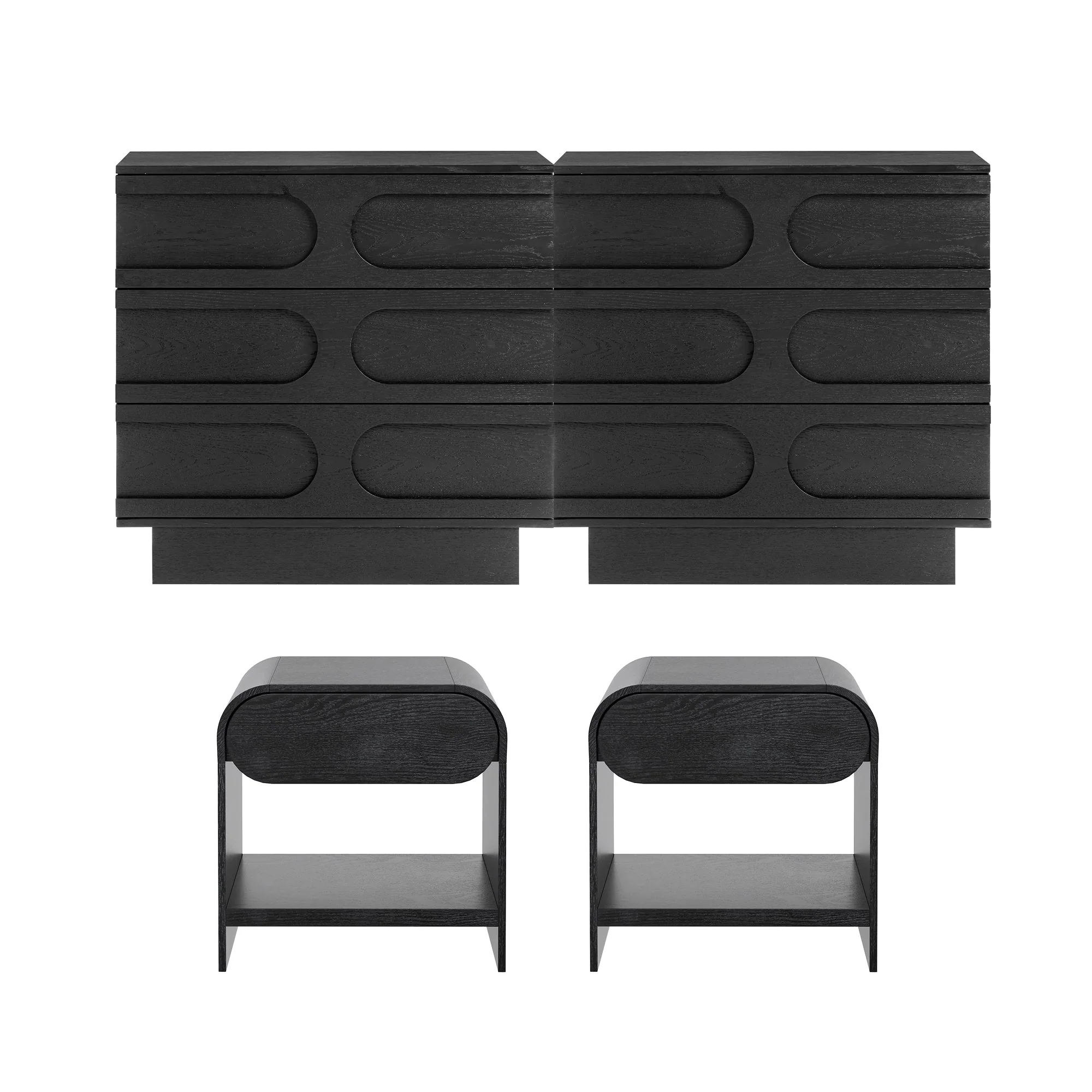 Mid-Century Two Arched Dressers and Nightstands Set Black Oak - Image 6