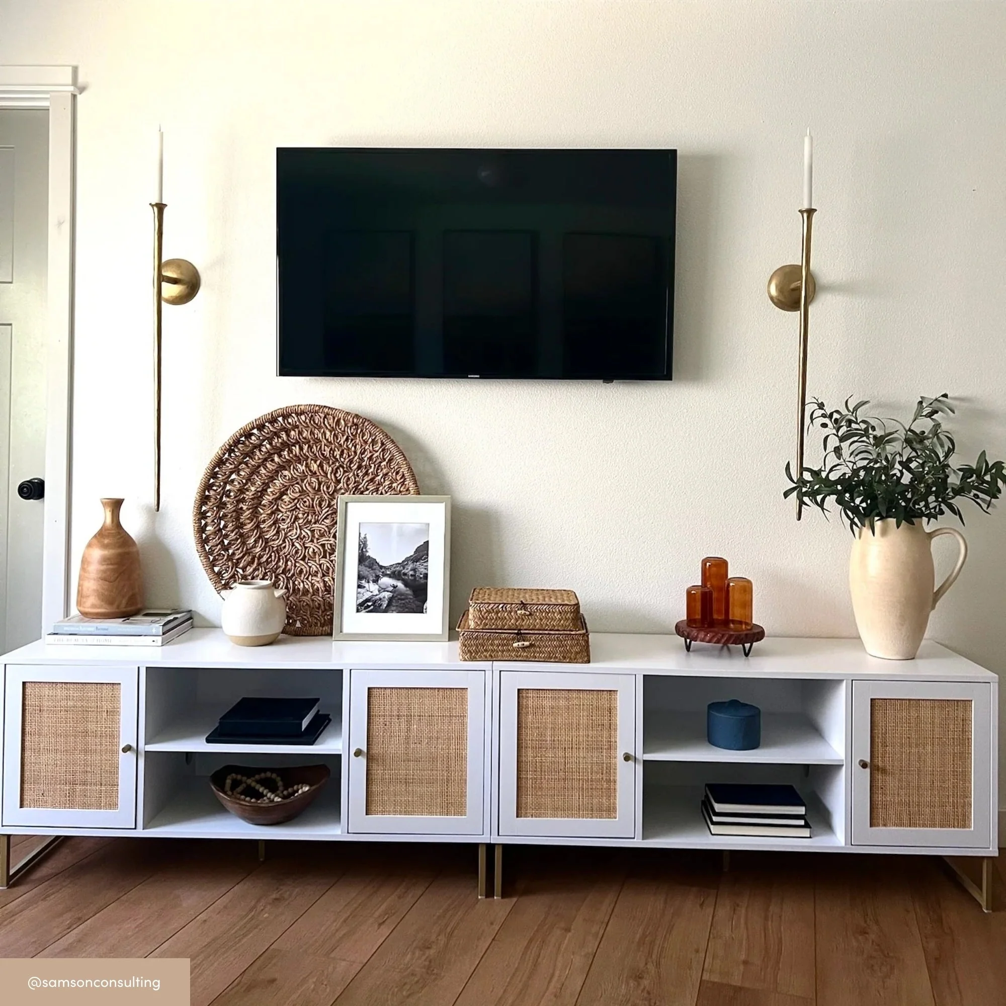 Rattan & Wood 2-Door TV Cabinet White - Image 3
