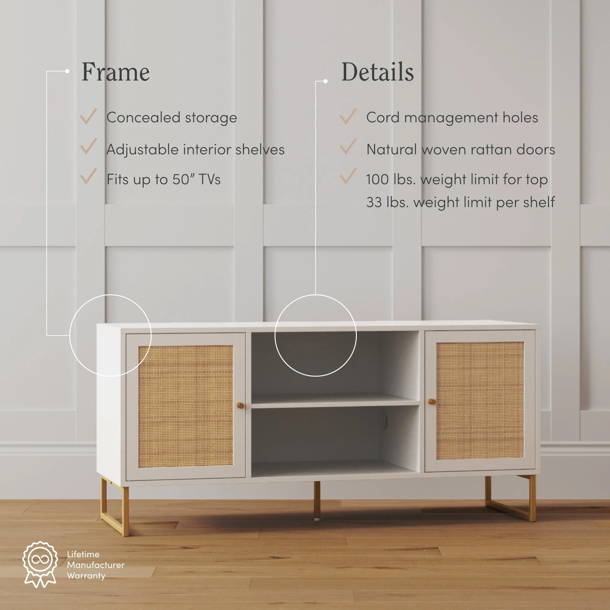 Rattan & Wood 2-Door TV Cabinet White - Image 5