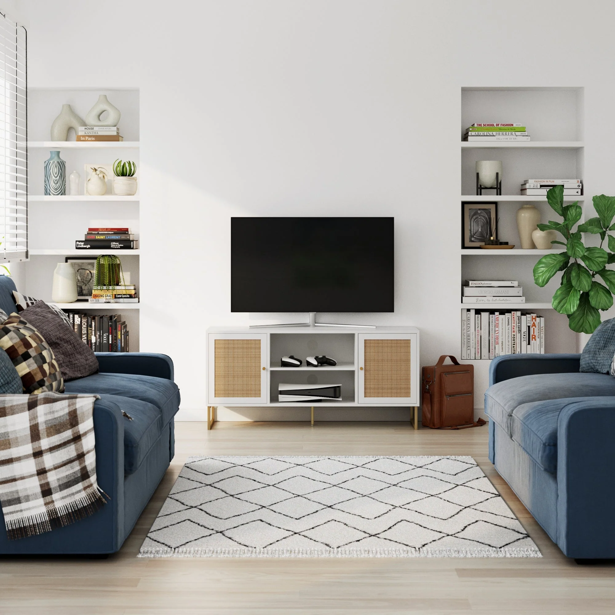 Rattan & Wood 2-Door TV Cabinet White - Image 9