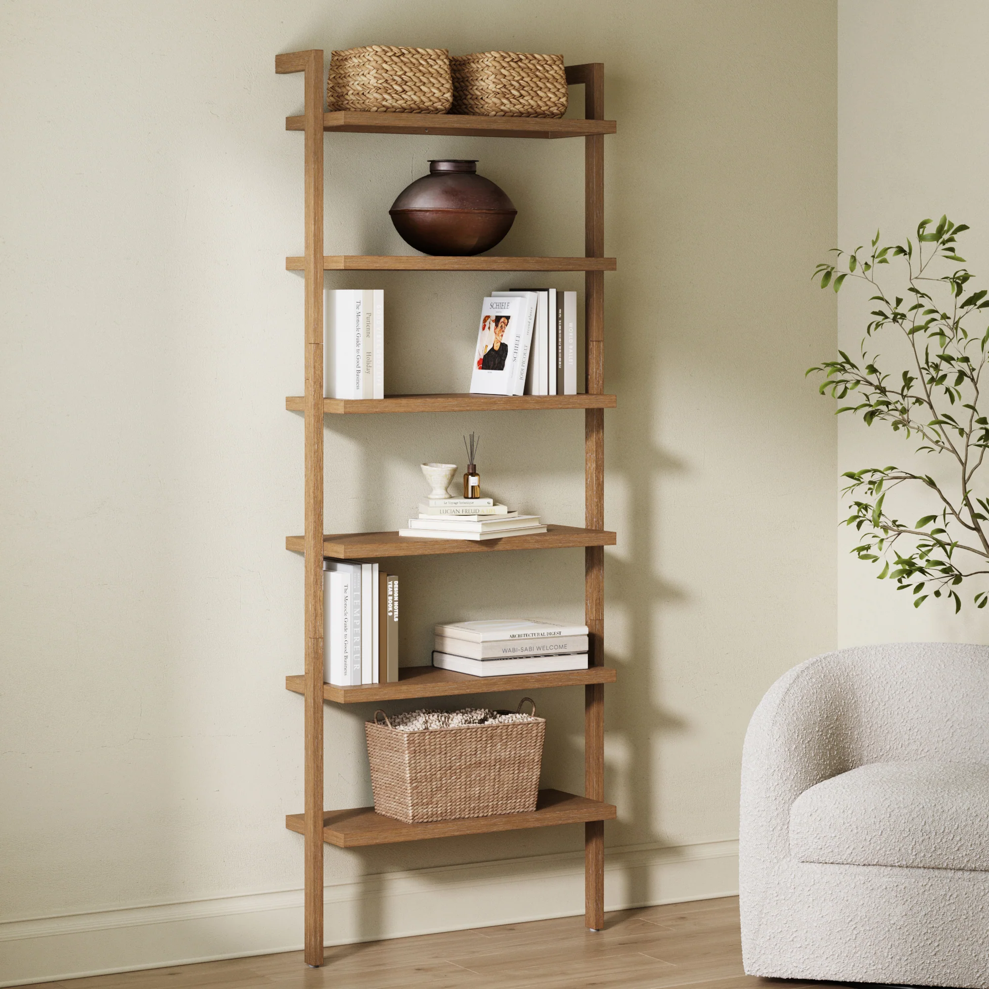 Modern 6-Shelf Wall Mounted Solid Wood Bookcase Light Brown