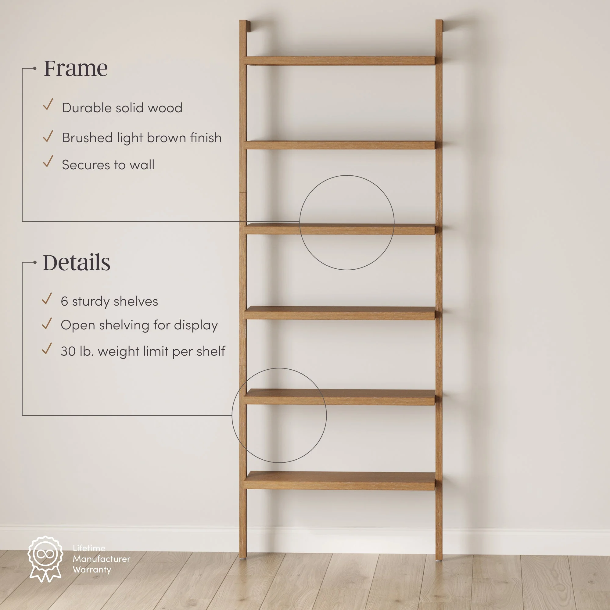 Modern 6-Shelf Wall Mounted Solid Wood Bookcase Light Brown - Image 3