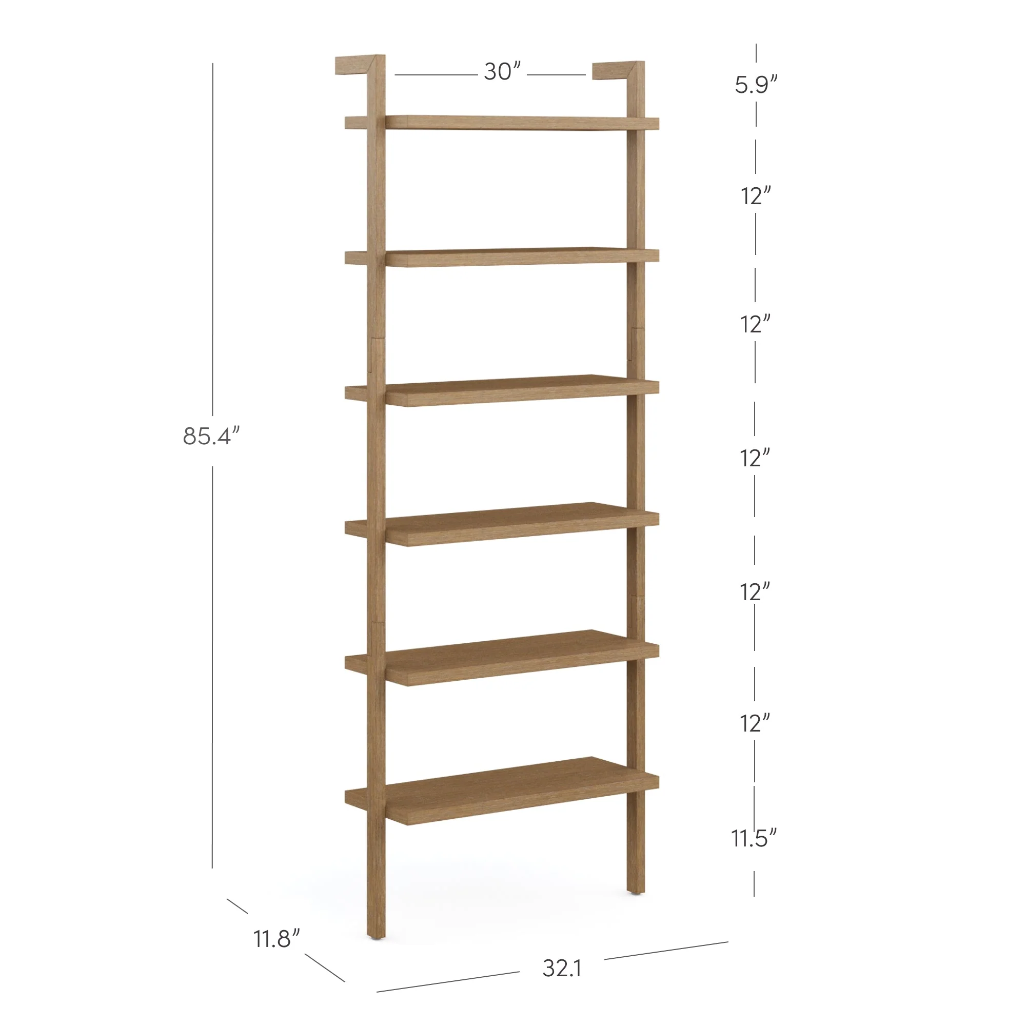 Modern 6-Shelf Wall Mounted Solid Wood Bookcase Light Brown - Image 4