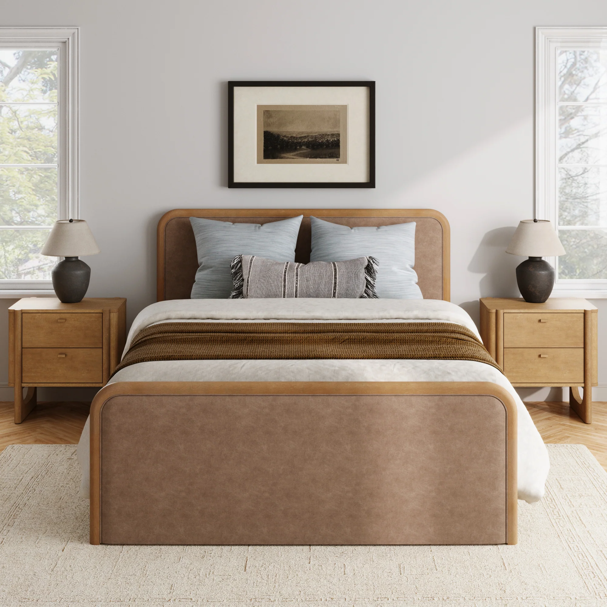 Queen Rounded Faux Leather Bed Frame with 2 Nightstands Light Brown