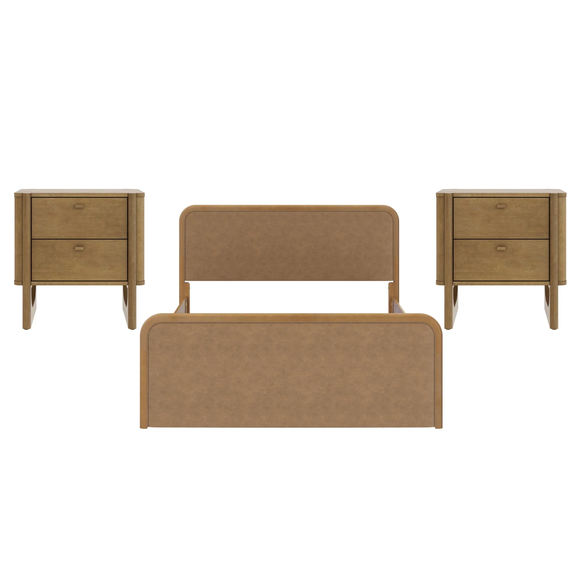 Queen Rounded Faux Leather Bed Frame with 2 Nightstands Light Brown - Image 12