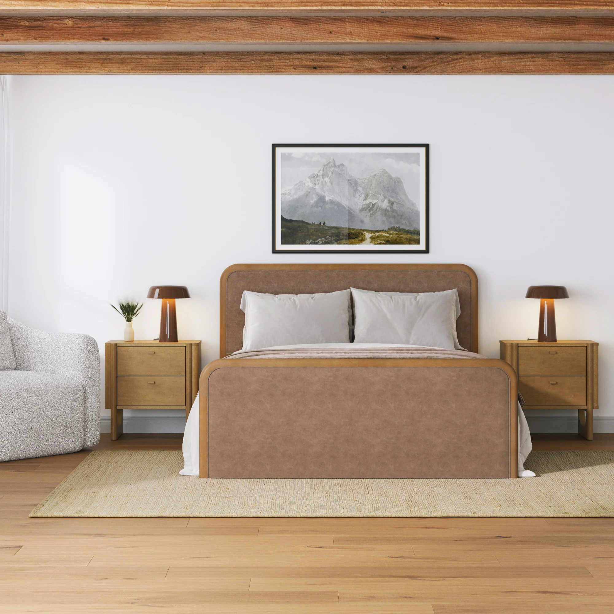 Queen Rounded Faux Leather Bed Frame with 2 Nightstands Light Brown - Image 2