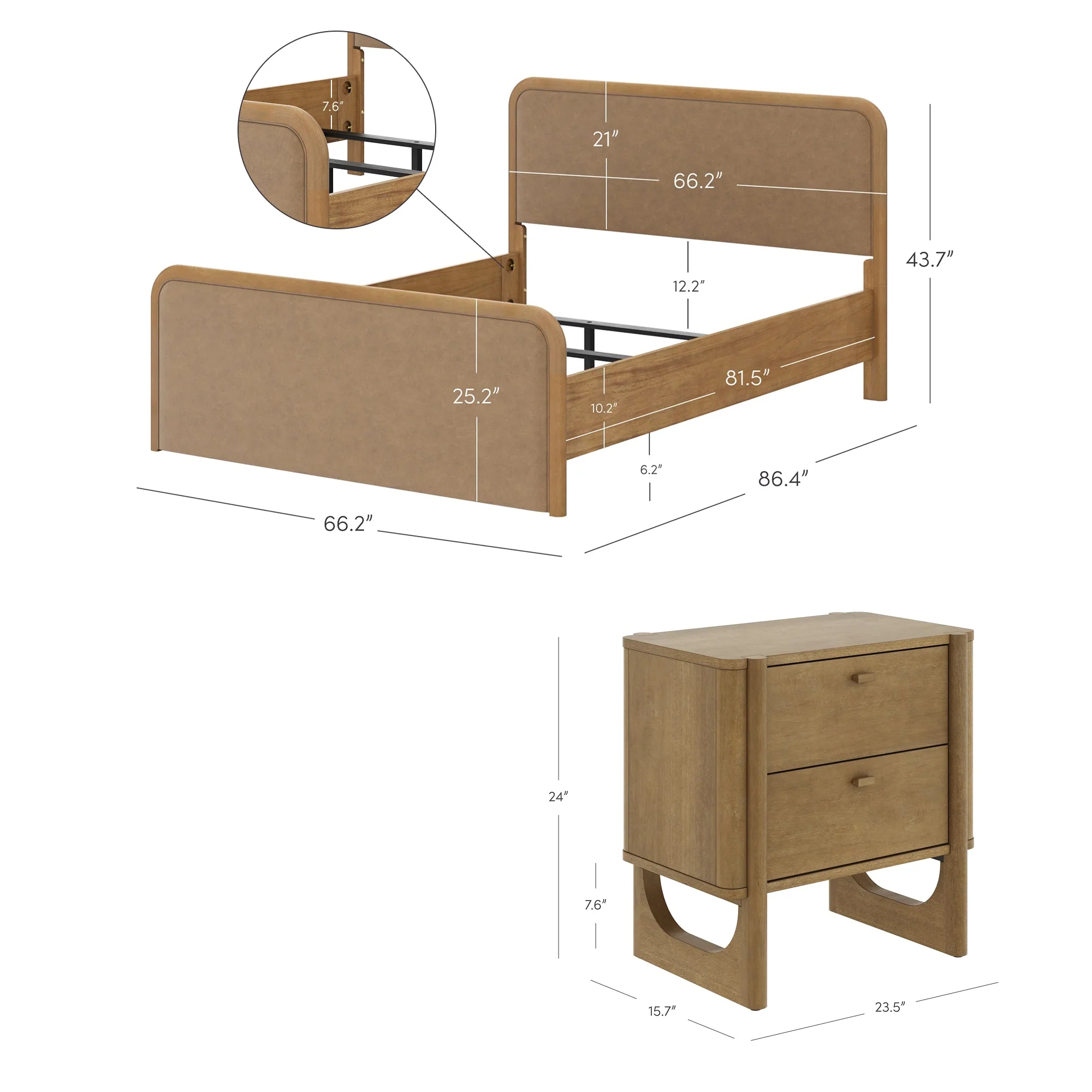 Queen Rounded Faux Leather Bed Frame with 2 Nightstands Light Brown - Image 5