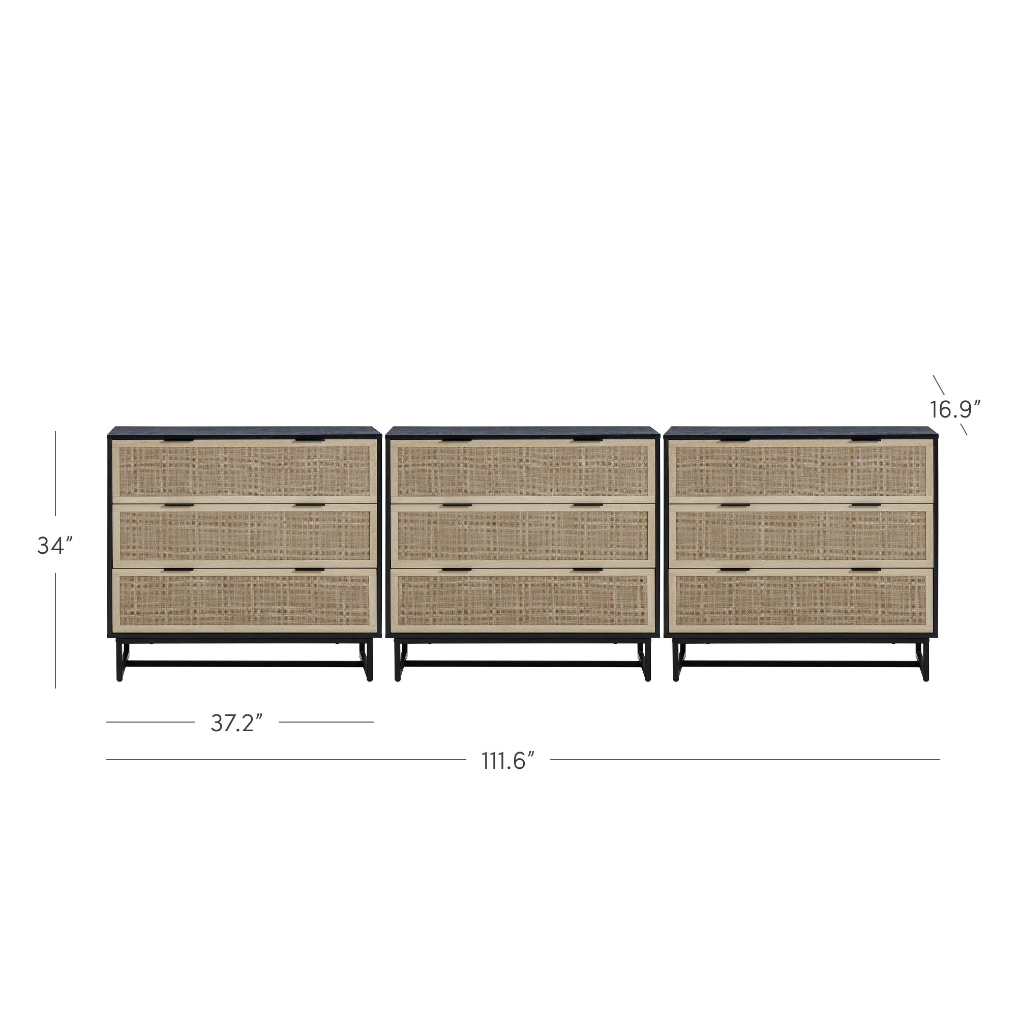 Rattan, Wood & Metal 3-Drawer Dressers Black (Set of 3) - Image 4