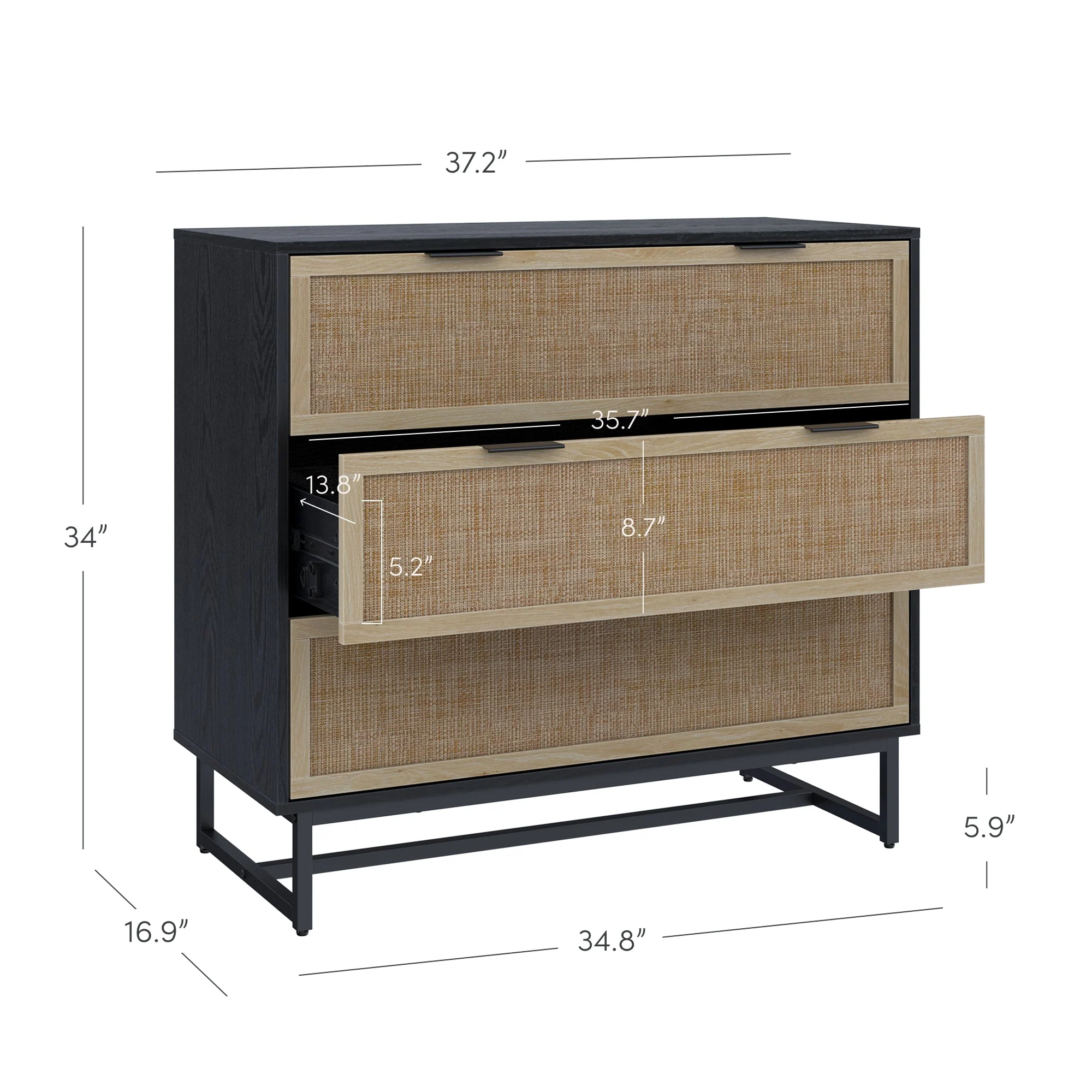 Rattan, Wood & Metal 3-Drawer Dressers Black (Set of 3) - Image 5