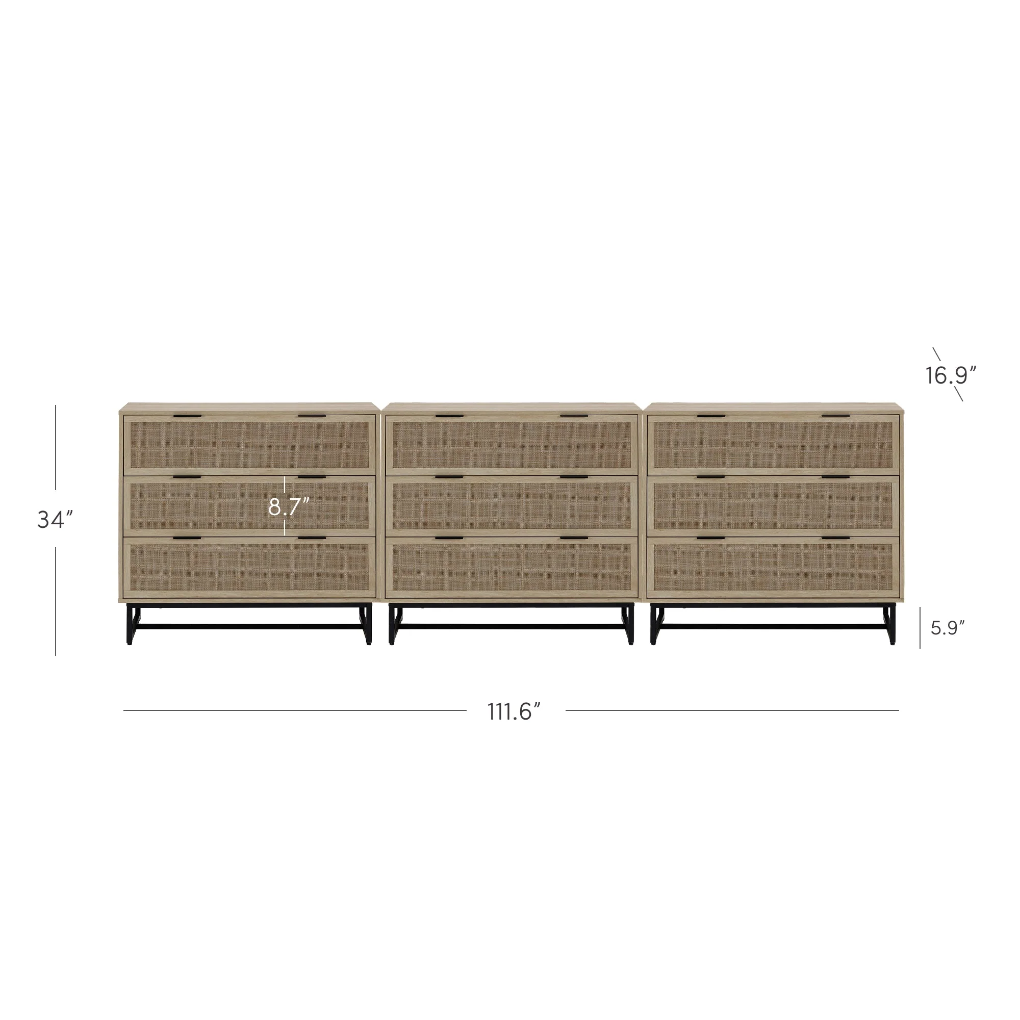 Rattan, Wood & Metal 3-Drawer Large Dresser Oak (Set of 3) - Image 5