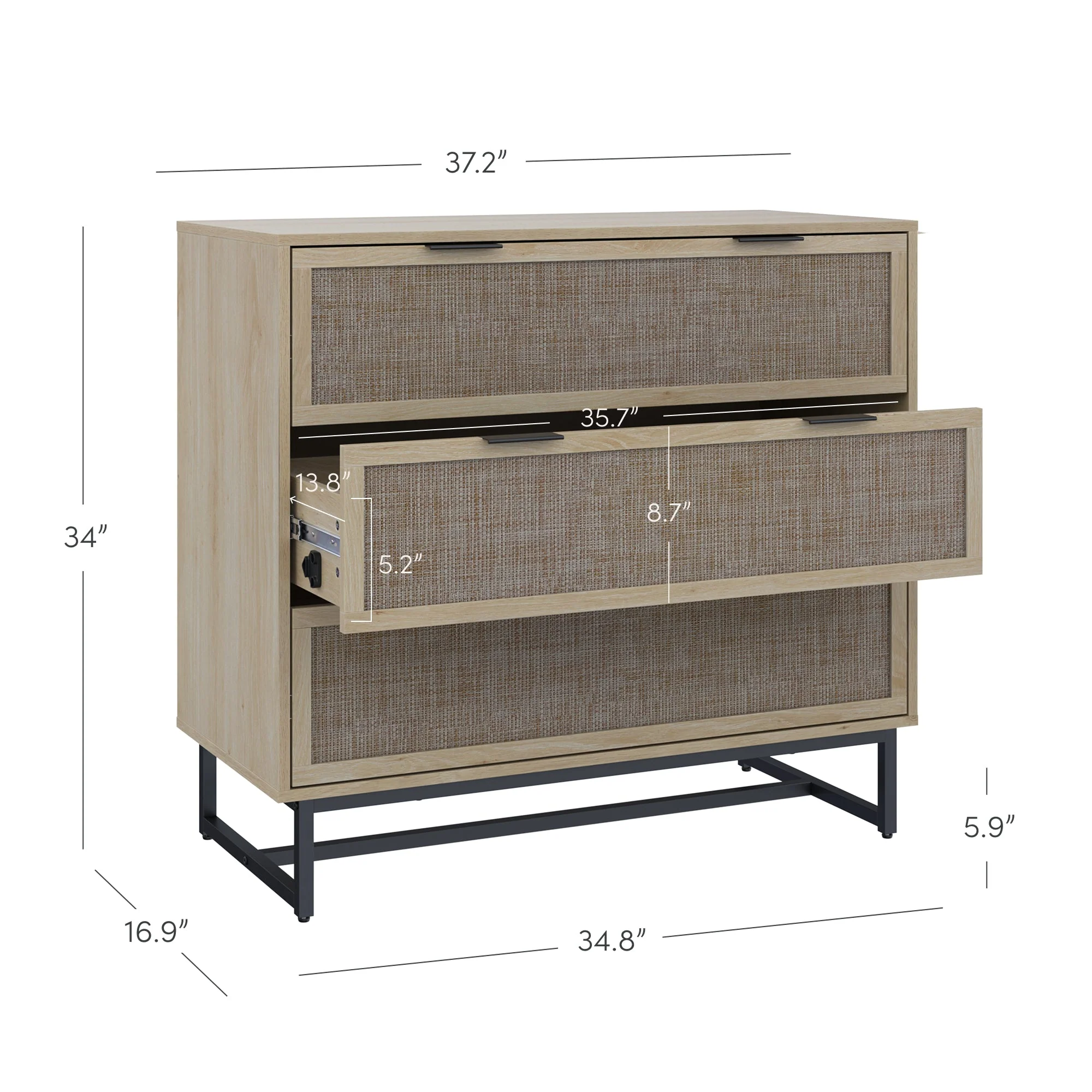 Rattan, Wood & Metal 3-Drawer Large Dresser Oak (Set of 3) - Image 6