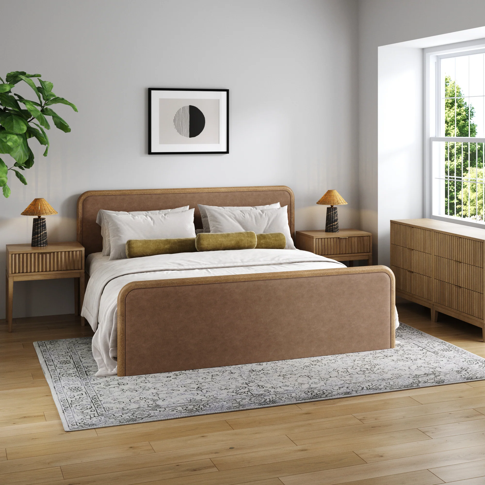 Rounded Faux Leather King Bedroom Set with 2 Fluted Dressers and 2 Nightstands Set Light Brown