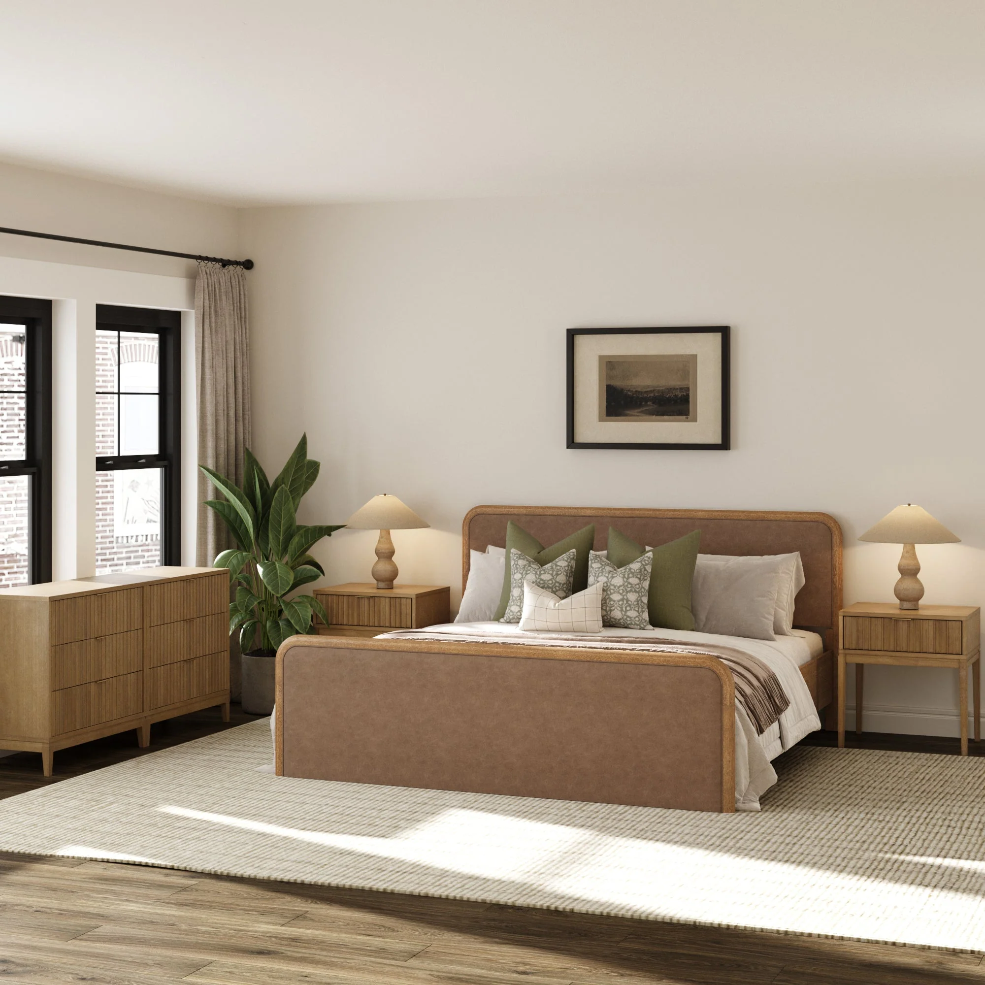 Rounded Faux Leather King Bedroom Set with 2 Fluted Dressers and 2 Nightstands Set Light Brown - Image 4