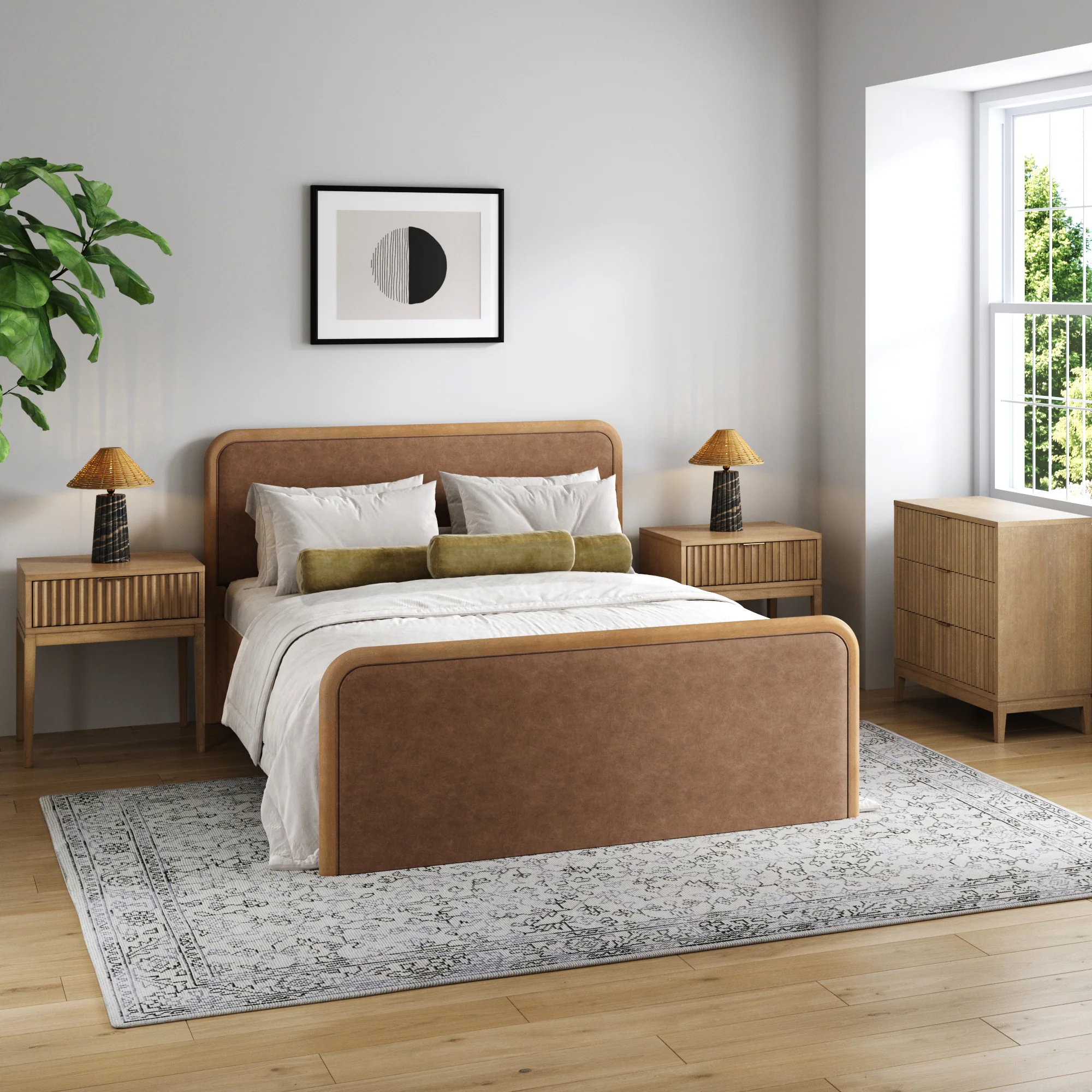 Rounded Faux Leather Queen Bed Frame with 1 Fluted Dresser and 2 Nightstands Set Light Brown