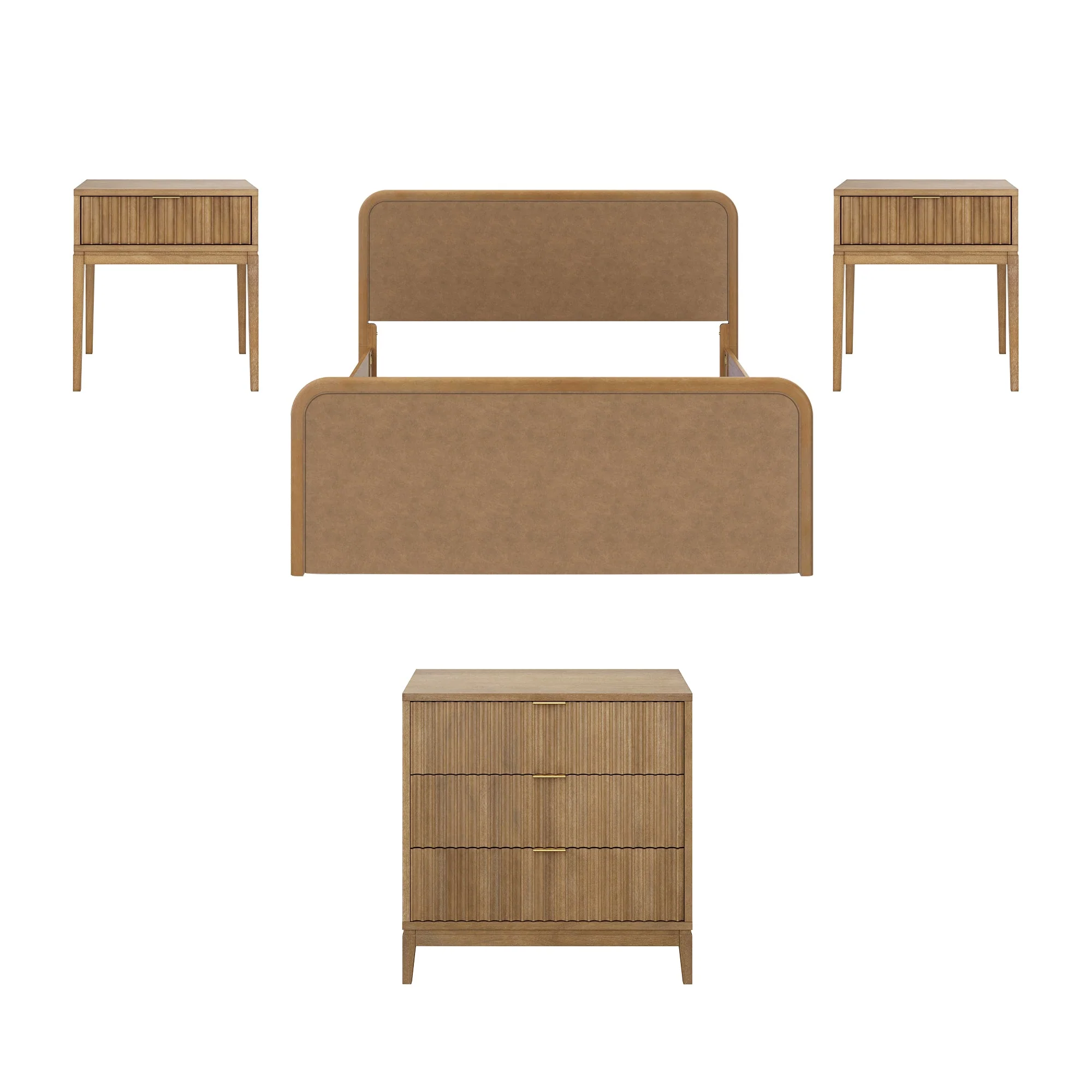 Rounded Faux Leather Queen Bed Frame with 1 Fluted Dresser and 2 Nightstands Set Light Brown - Image 16