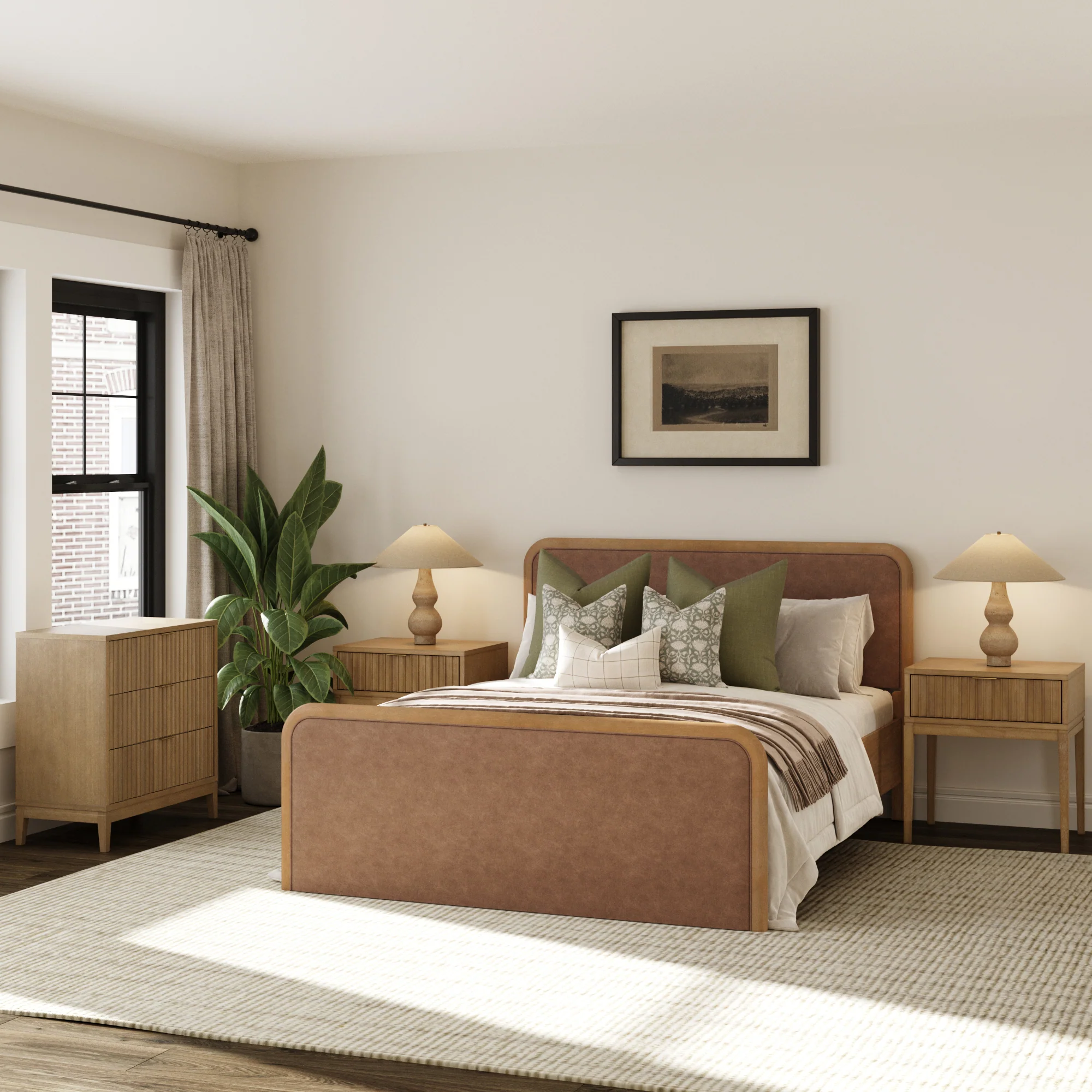 Rounded Faux Leather Queen Bed Frame with 1 Fluted Dresser and 2 Nightstands Set Light Brown - Image 2