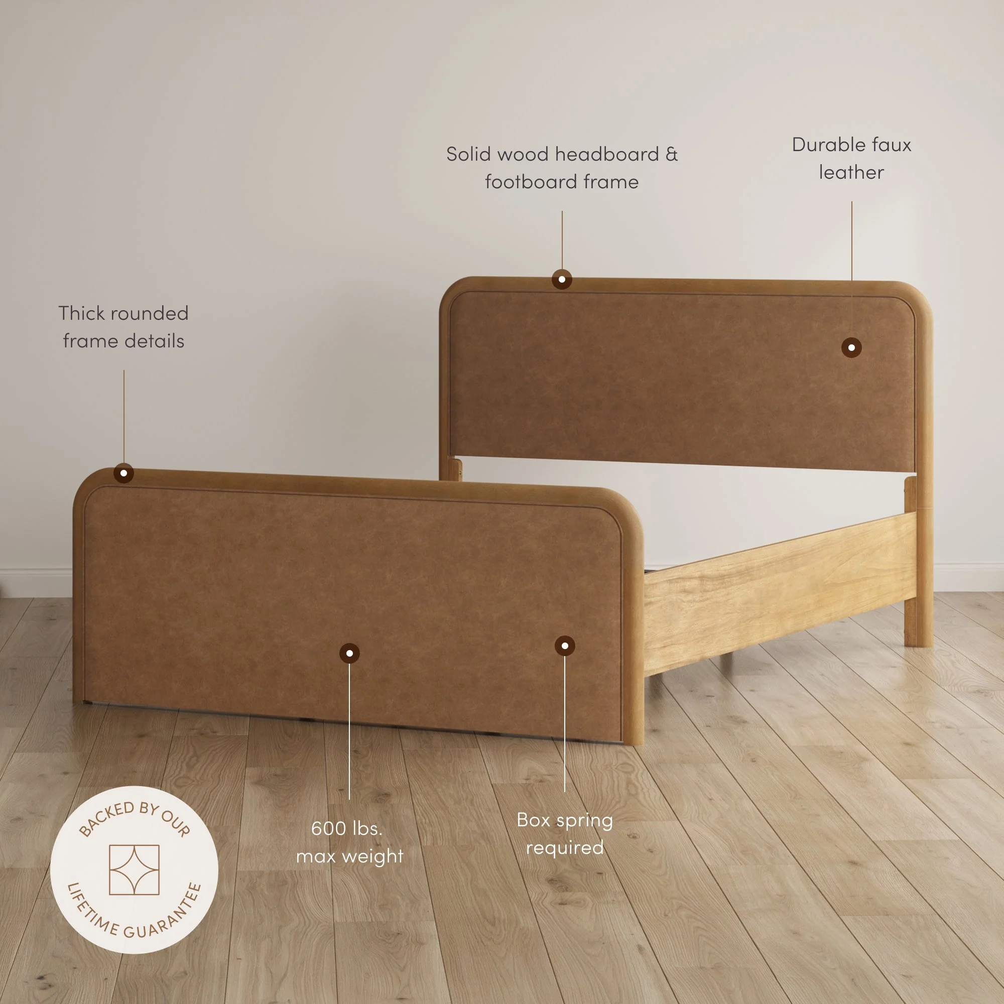 Rounded Faux Leather Queen Bed Frame with 1 Fluted Dresser and 2 Nightstands Set Light Brown - Image 3