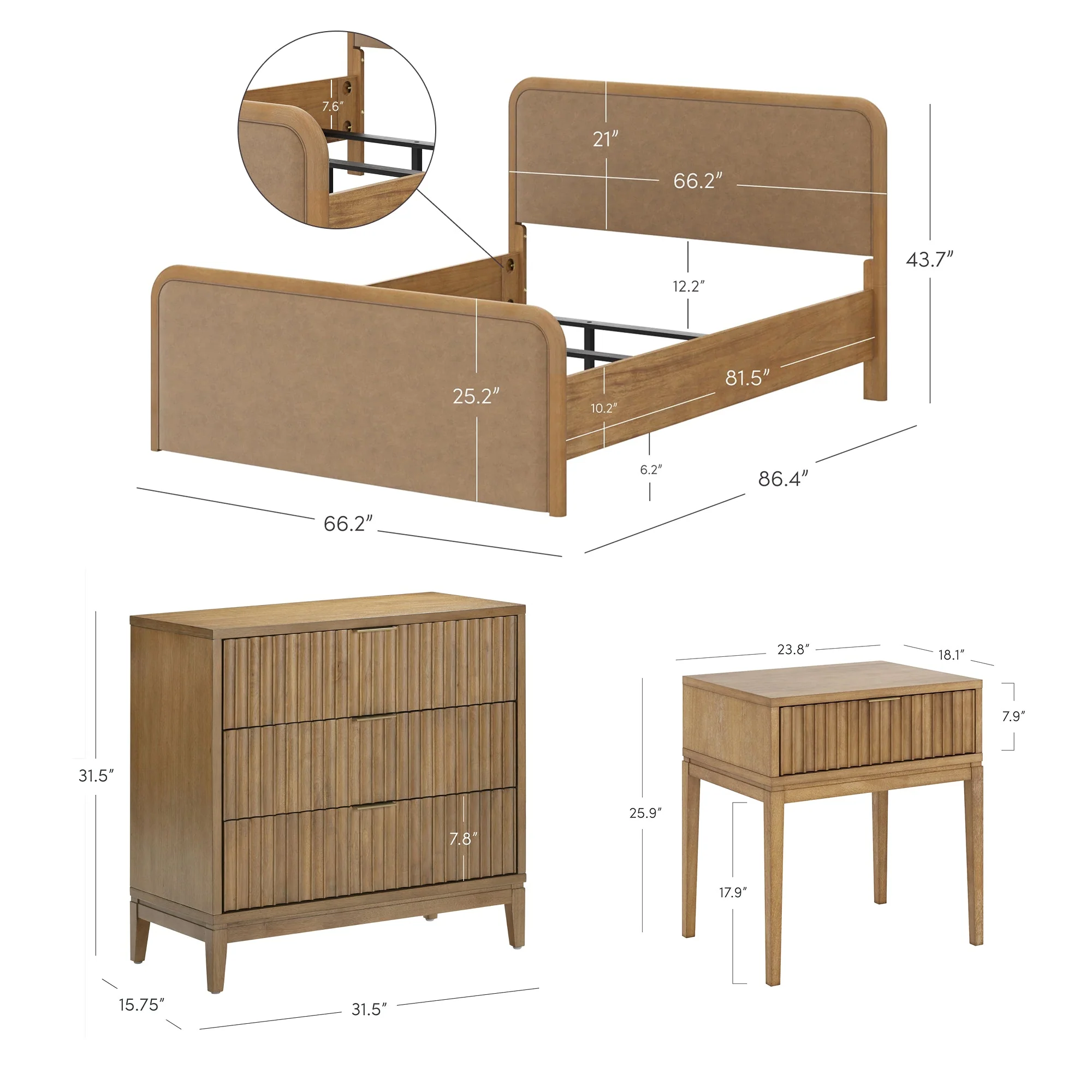 Rounded Faux Leather Queen Bed Frame with 1 Fluted Dresser and 2 Nightstands Set Light Brown - Image 6