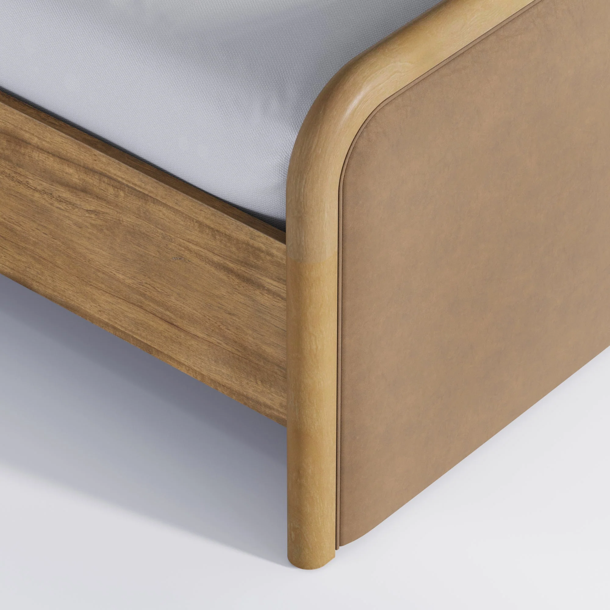Rounded Faux Leather Queen Bed Frame with 1 Fluted Dresser and 2 Nightstands Set Light Brown - Image 7