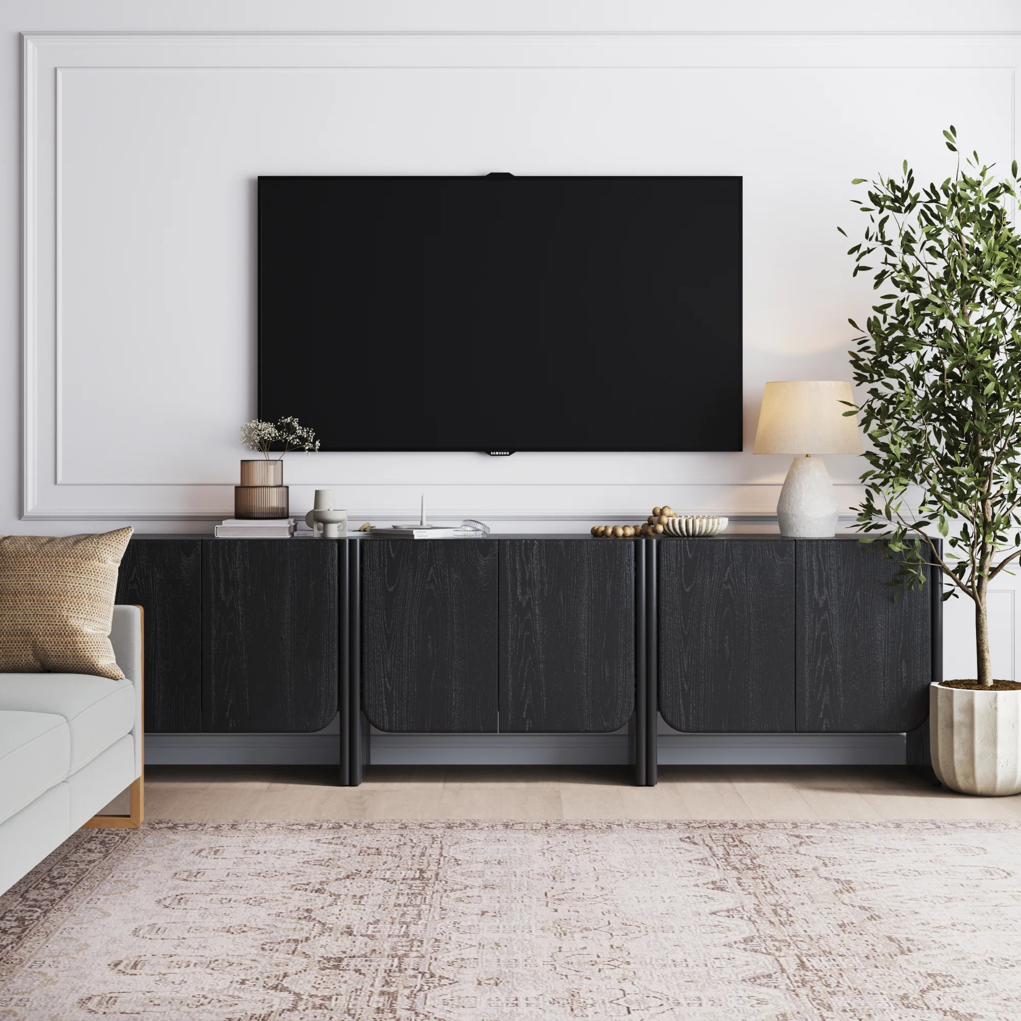 Rounded Wood Cabinet Credenza Black Oak (Set of 3) - Image 2