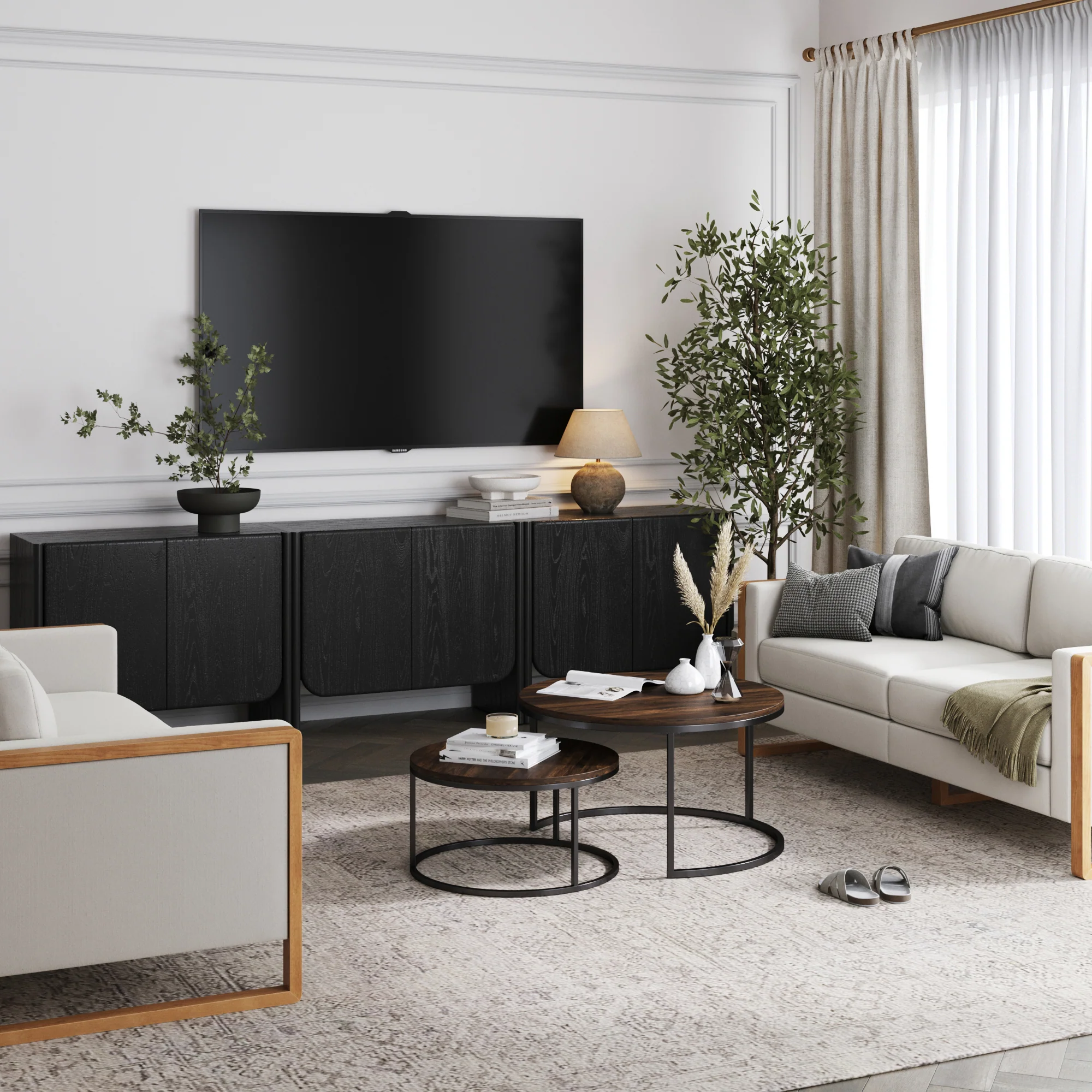 Rounded Wood Cabinet Credenza Black Oak (Set of 3) - Image 3