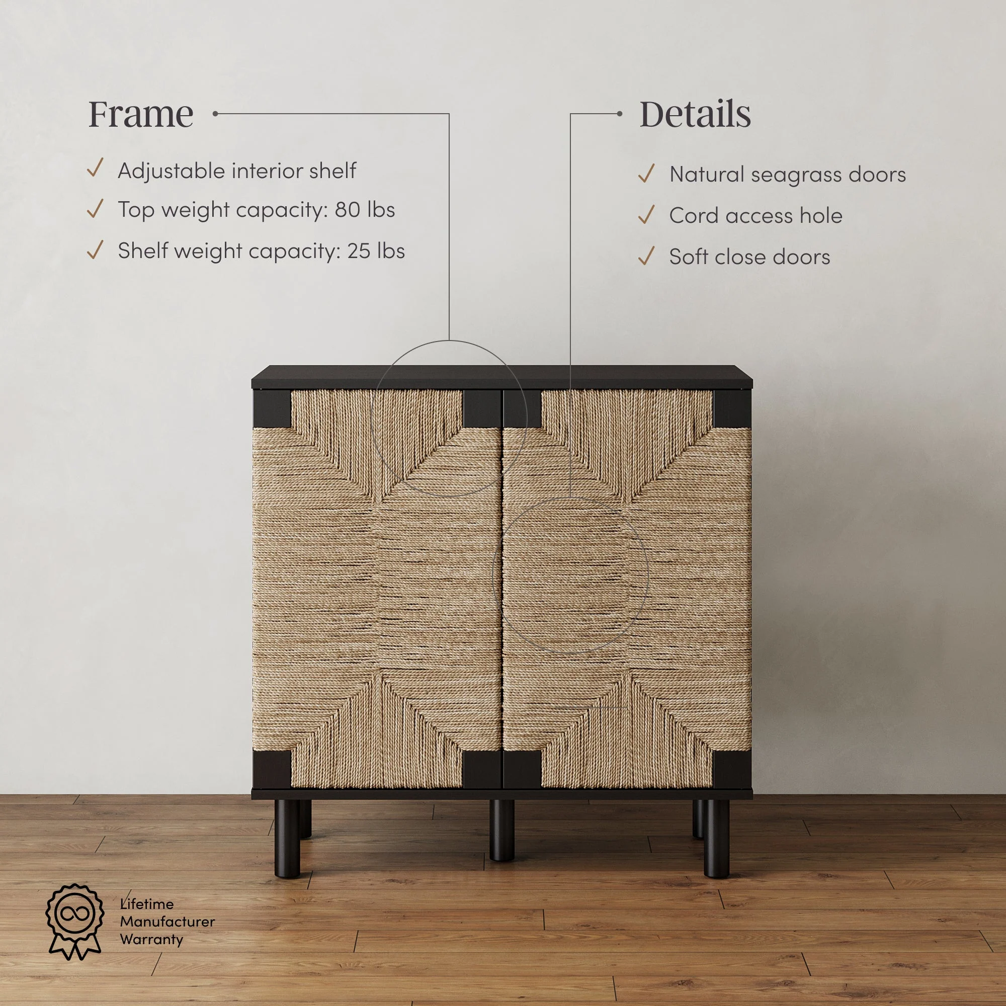 Seagrass Storage Cabinet Credenza Black (Set of 3) - Image 6